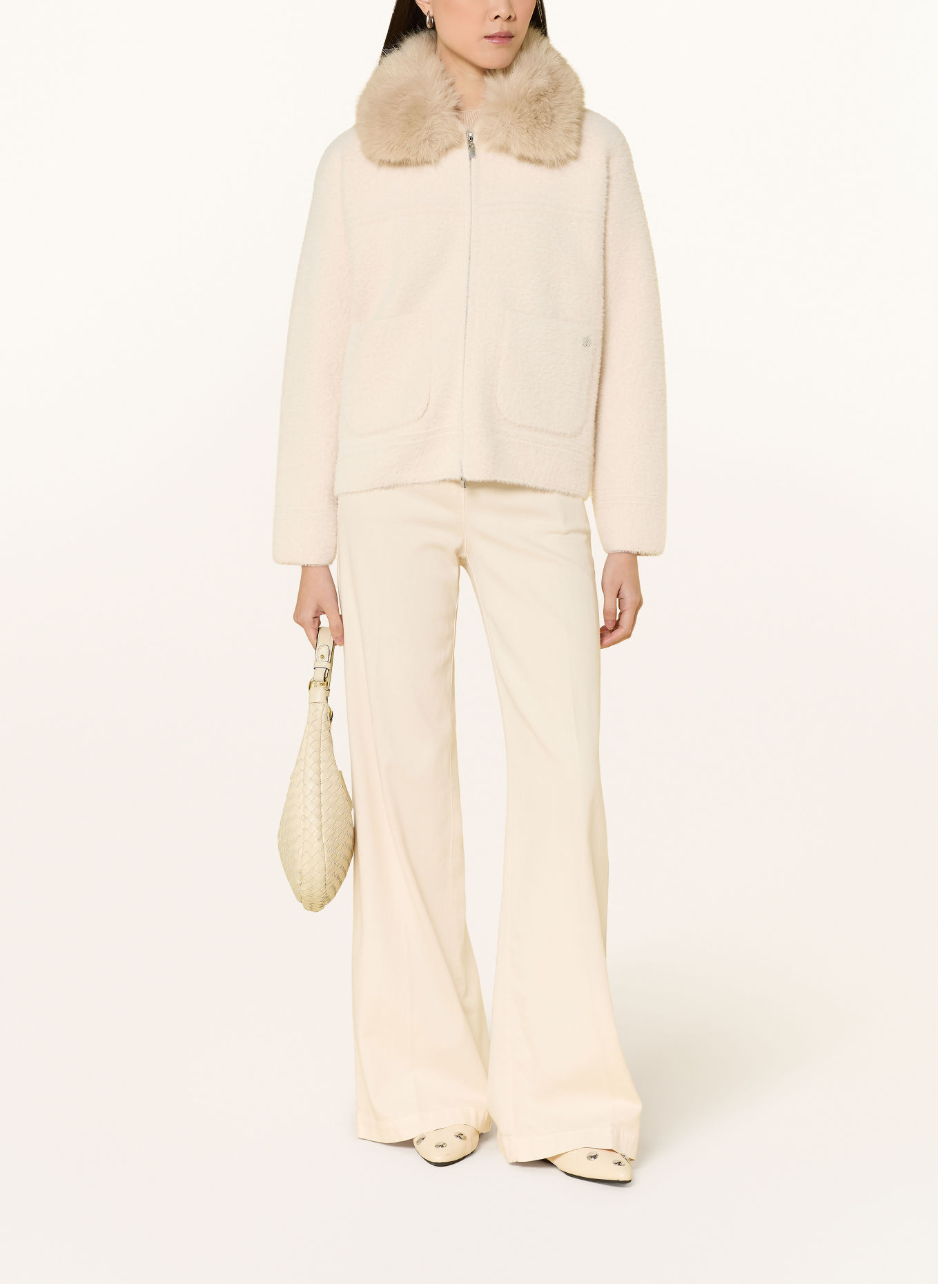 Joseph Ribkoff Jas met afneembare kunstbontkraag: CRÈME / BEIGE