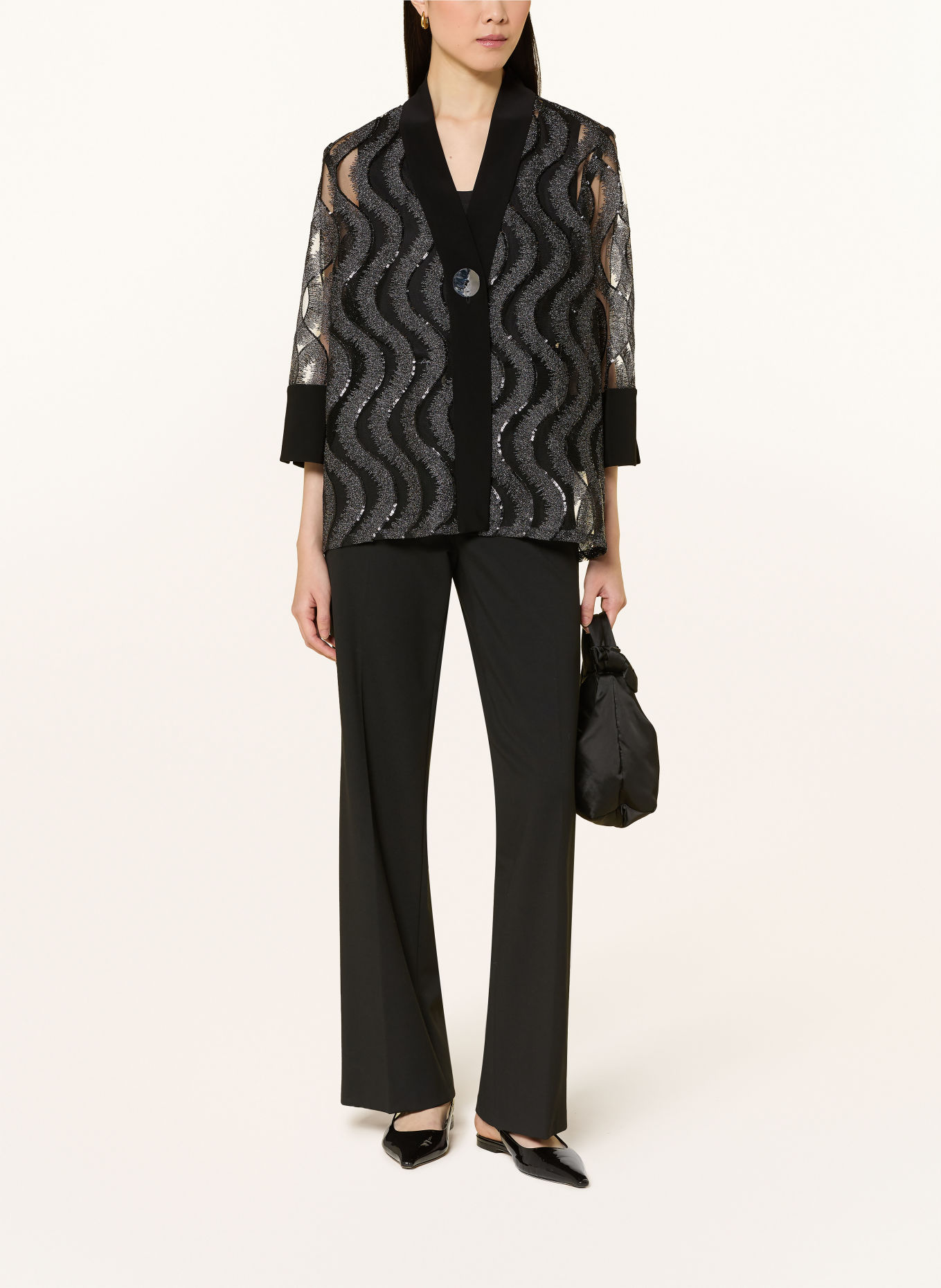 Joseph Ribkoff Jacket with glitter yarn and 3/4 sleeves: BLACK / SILVER
