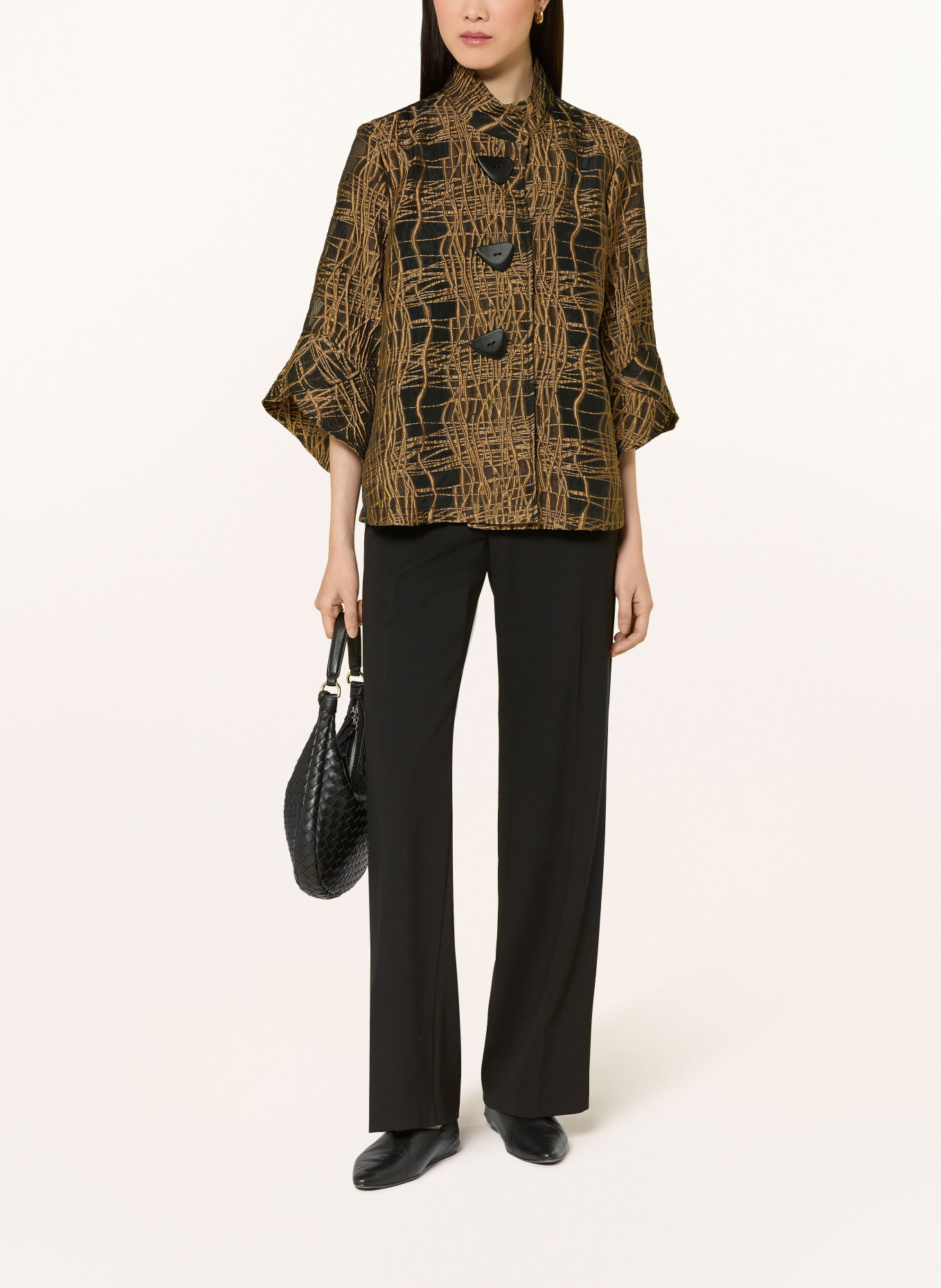 Joseph Ribkoff Jacquard jacket with 3/4 sleeves: BLACK / CAMEL