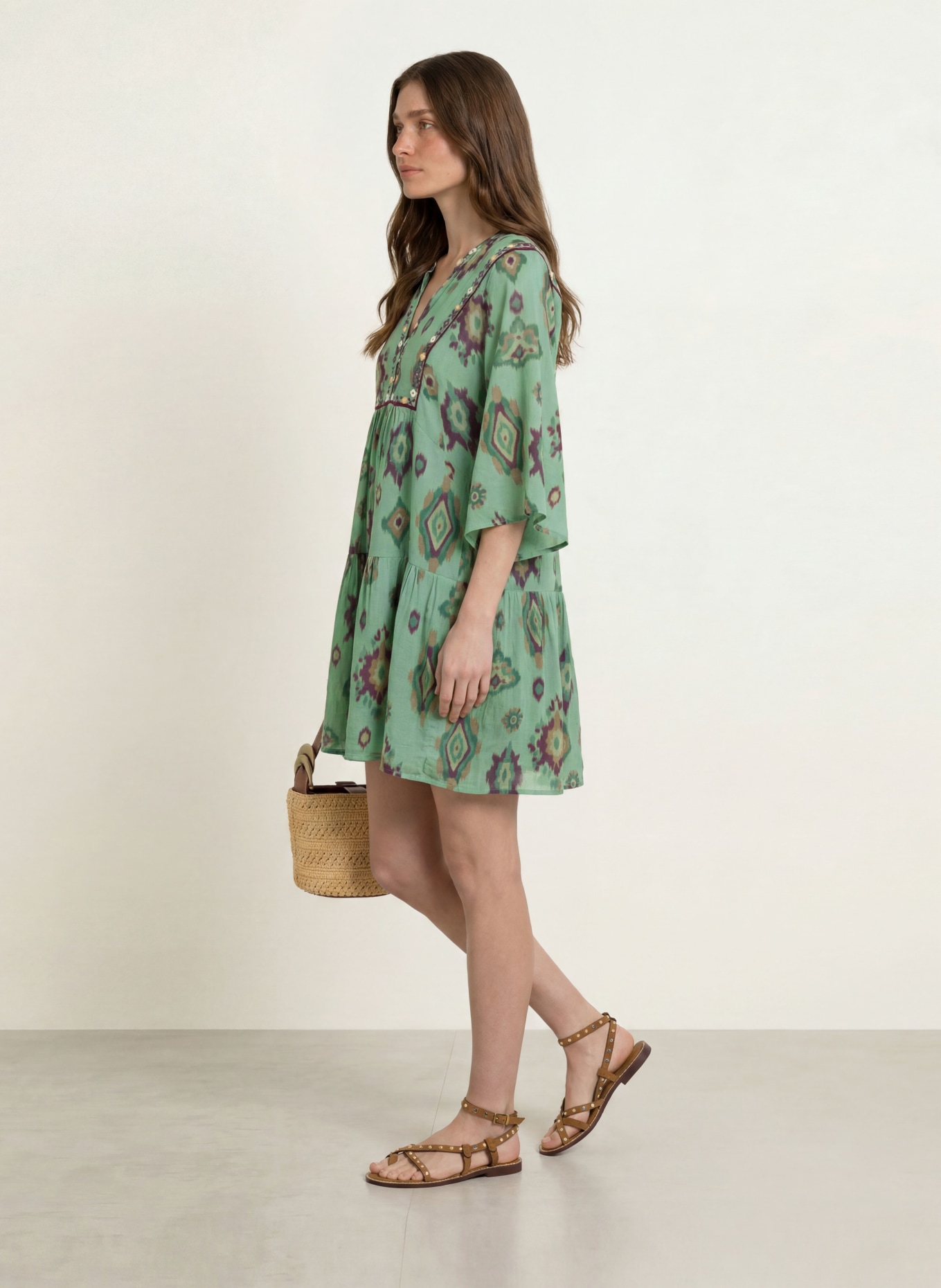 ba&sh Kleid OLALIE mit 3/4-Arm: GRÜN / BEIGE / DUNKELLILA