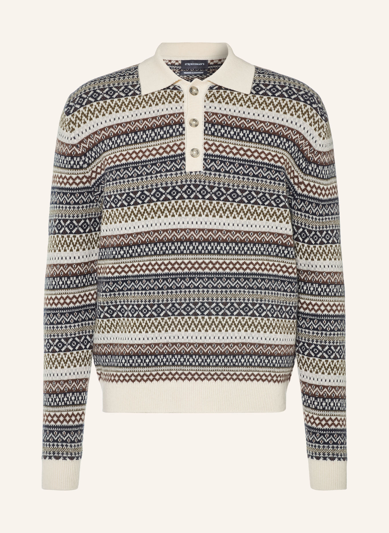 STROKESMAN'S Gebreid poloshirt: ECRU / MARRON FONCÉ / DONKERBLAUW