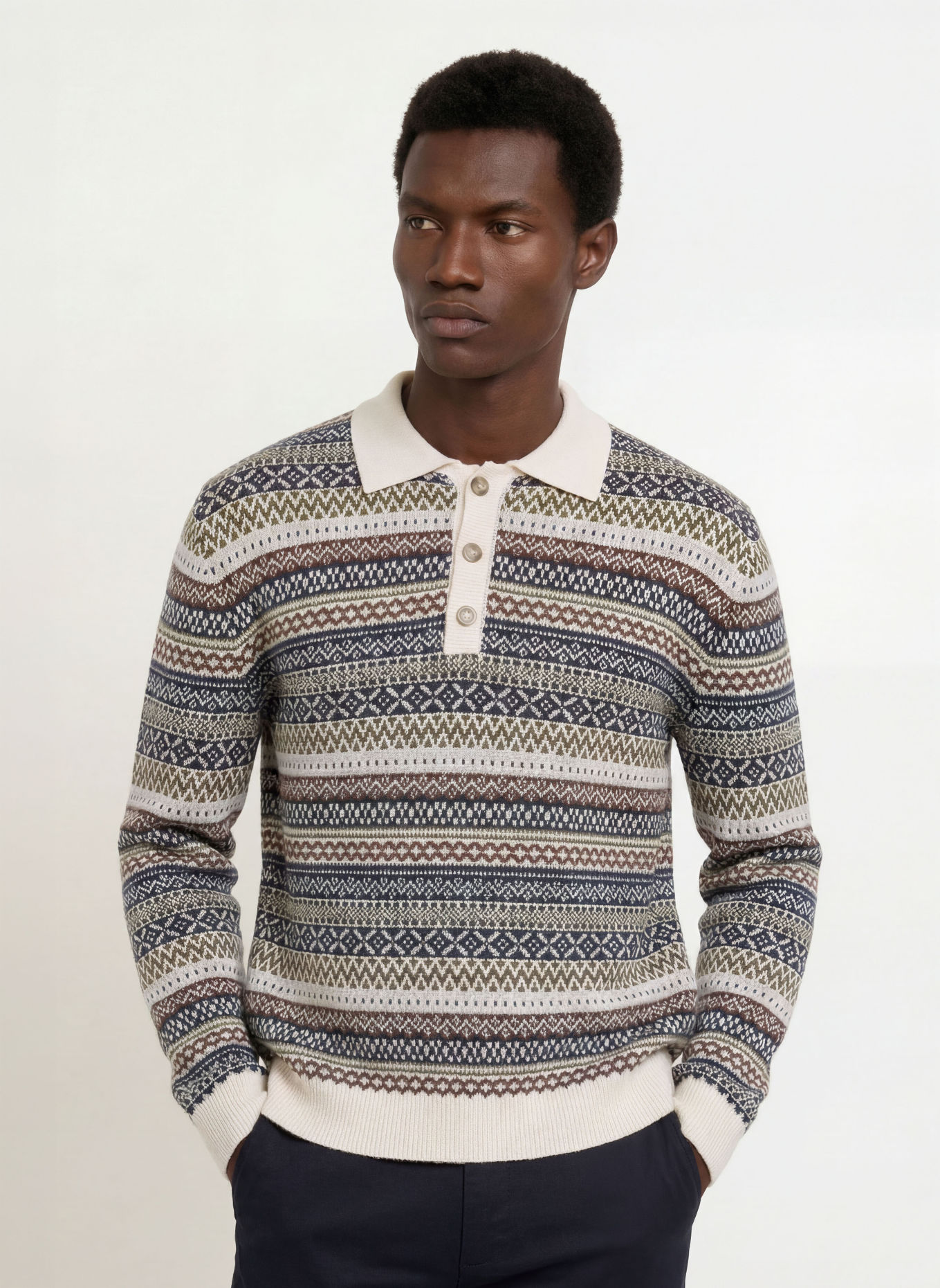 STROKESMAN'S Gebreid poloshirt: ECRU / MARRON FONCÉ / DONKERBLAUW