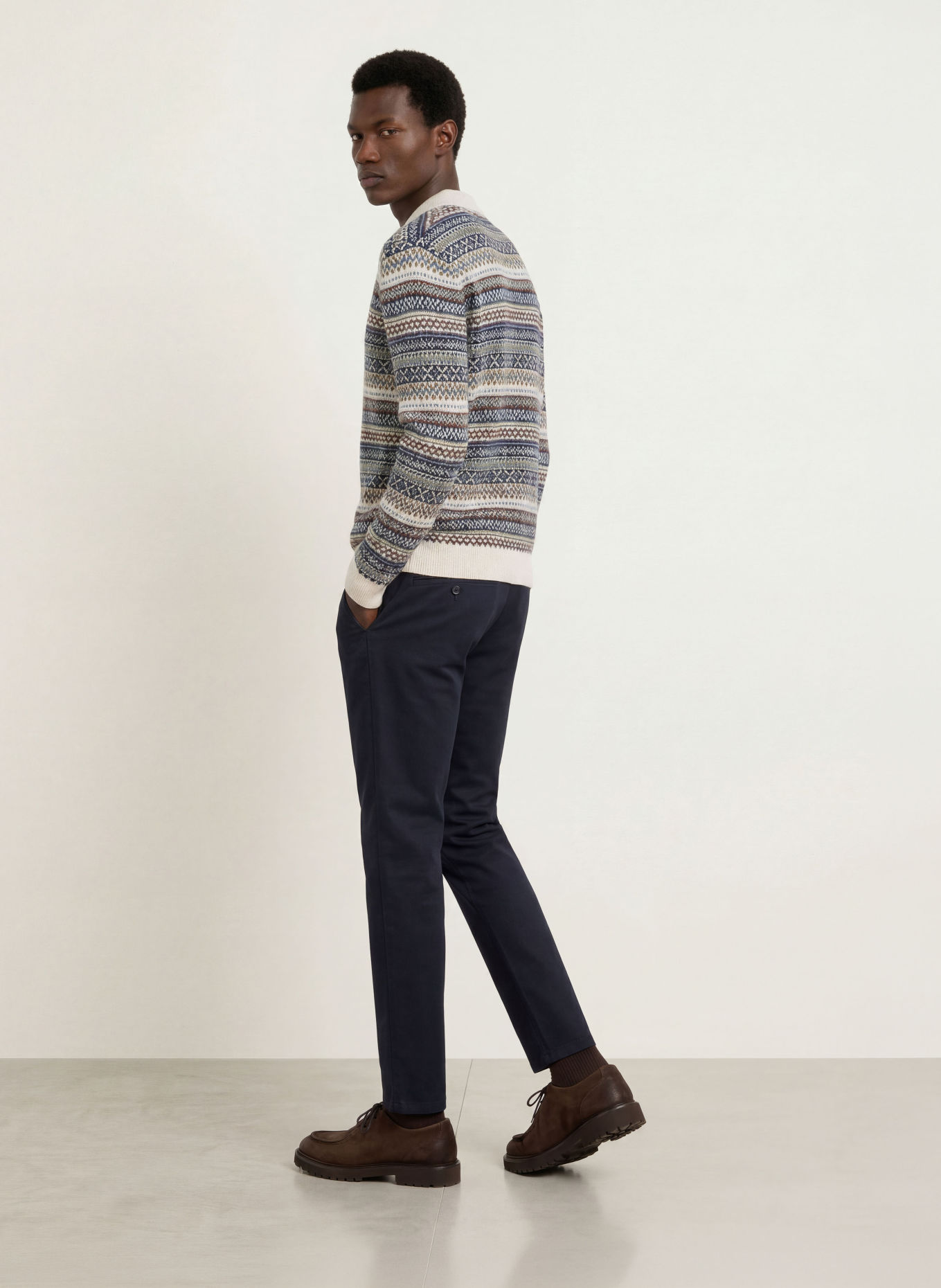 STROKESMAN'S Gebreid poloshirt: ECRU / MARRON FONCÉ / DONKERBLAUW