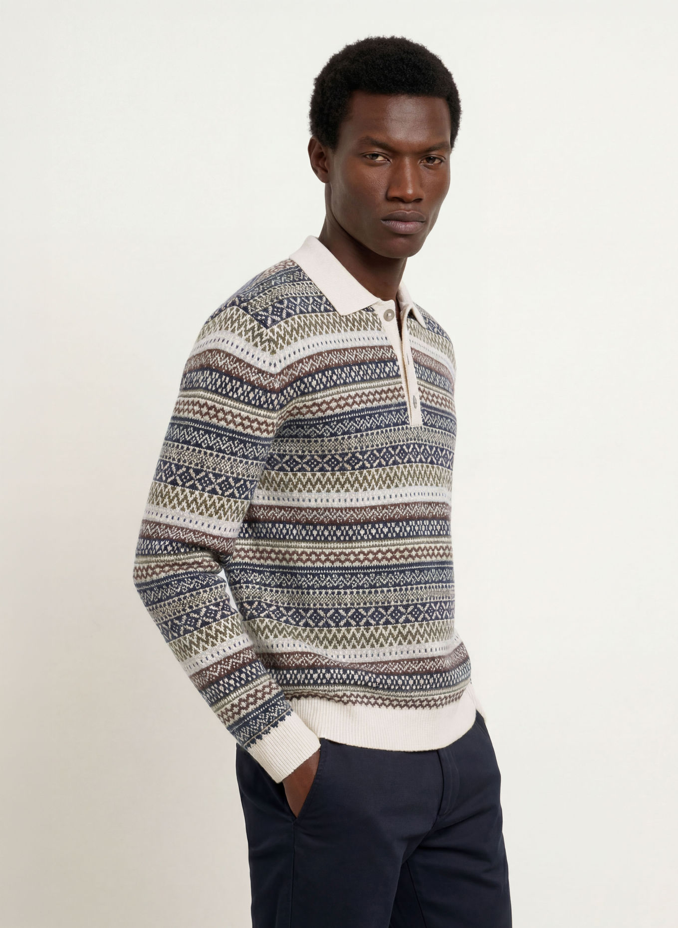 STROKESMAN'S Gebreid poloshirt: ECRU / MARRON FONCÉ / DONKERBLAUW