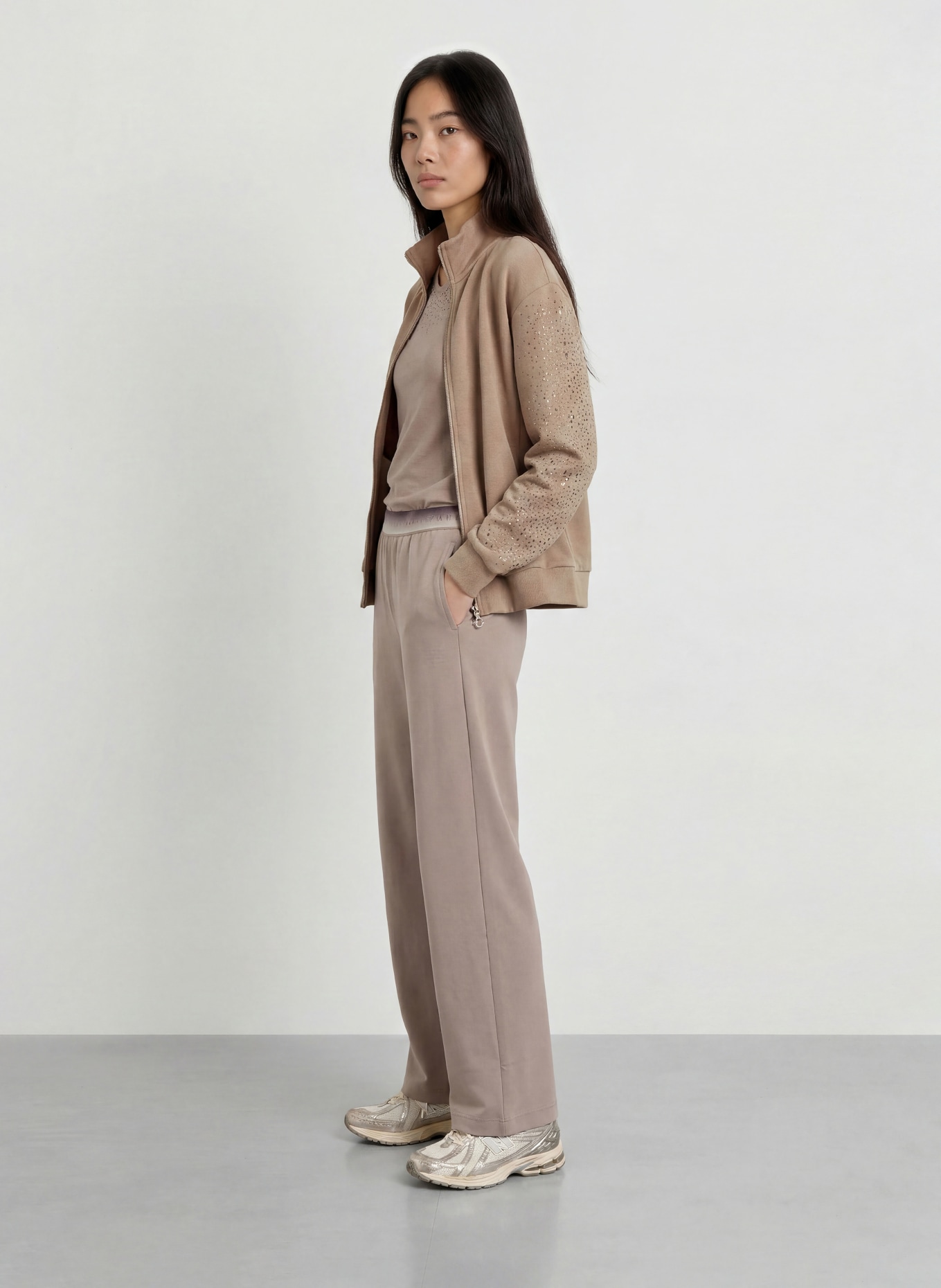 EA7 EMPORIO ARMANI Sweatjacke mit Schmucksteinen: BEIGE