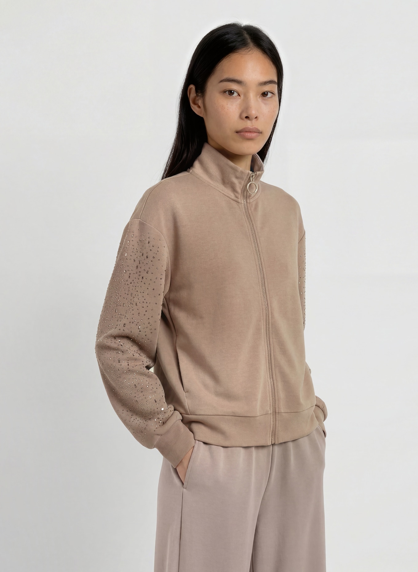 EA7 EMPORIO ARMANI Sweatjacke mit Schmucksteinen: BEIGE