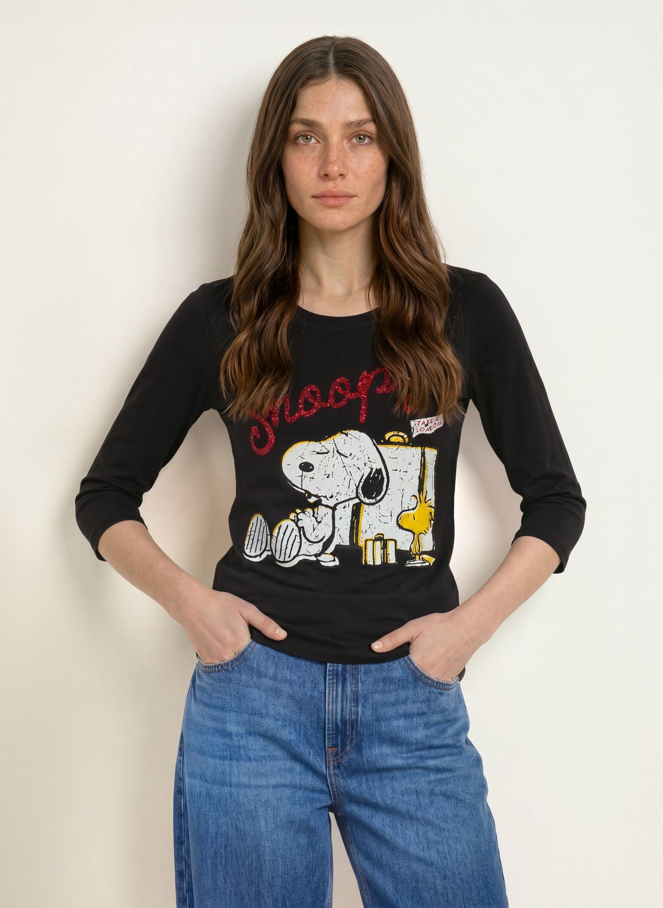 FrogBox Shirt with 3/4 sleeves and sequins: BLACK / DARK RED / YELLOW