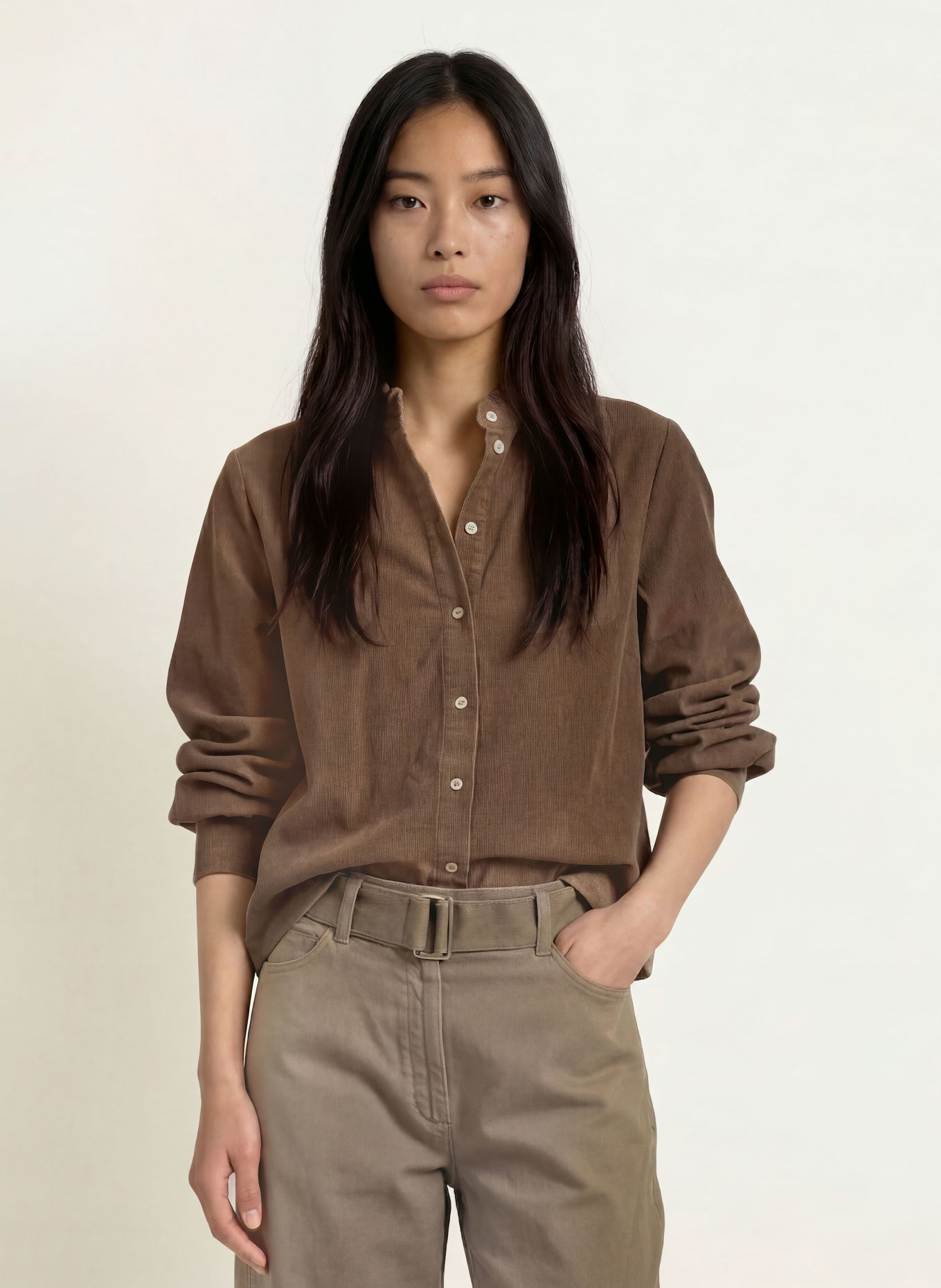 Marc O'Polo Corduroy blouse with ruffles: TAUPE