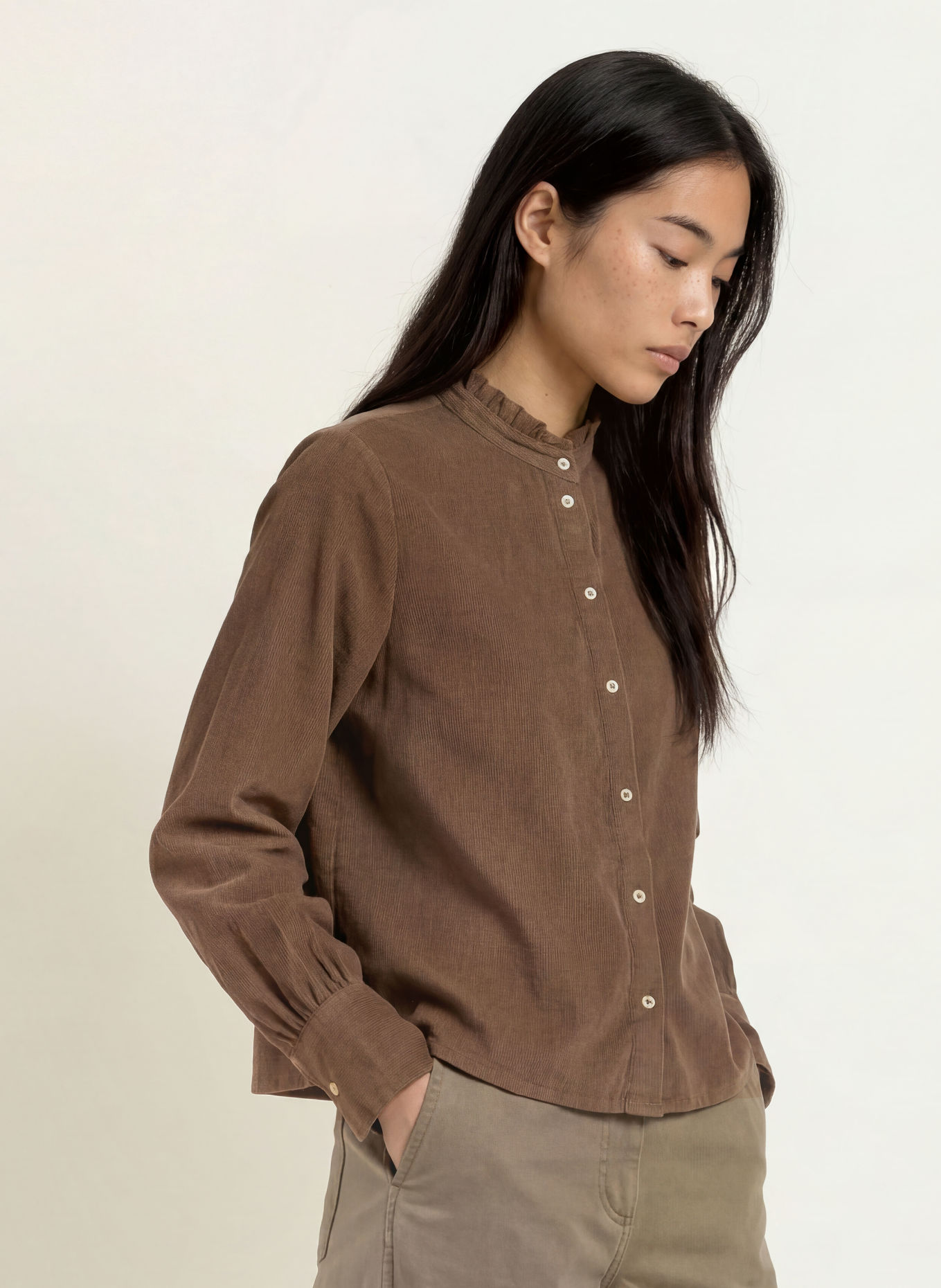 Marc O'Polo Corduroy blouse with ruffles: TAUPE