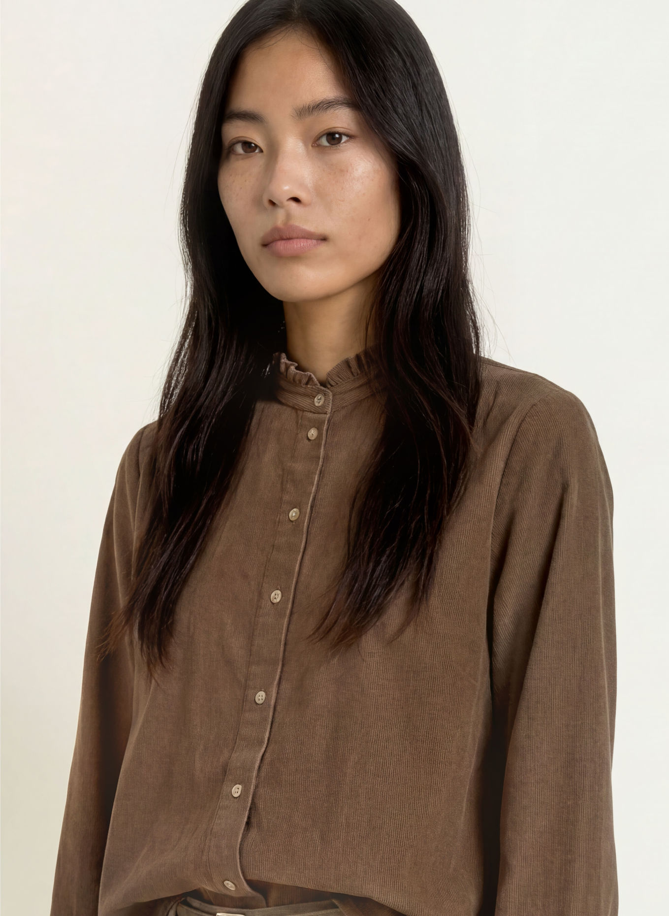 Marc O'Polo Corduroy blouse with ruffles: TAUPE