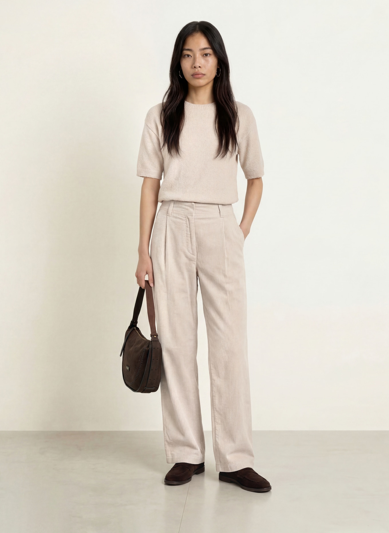 Marc O'Polo Pantalon palazzo en velours côtelé: CRÈME