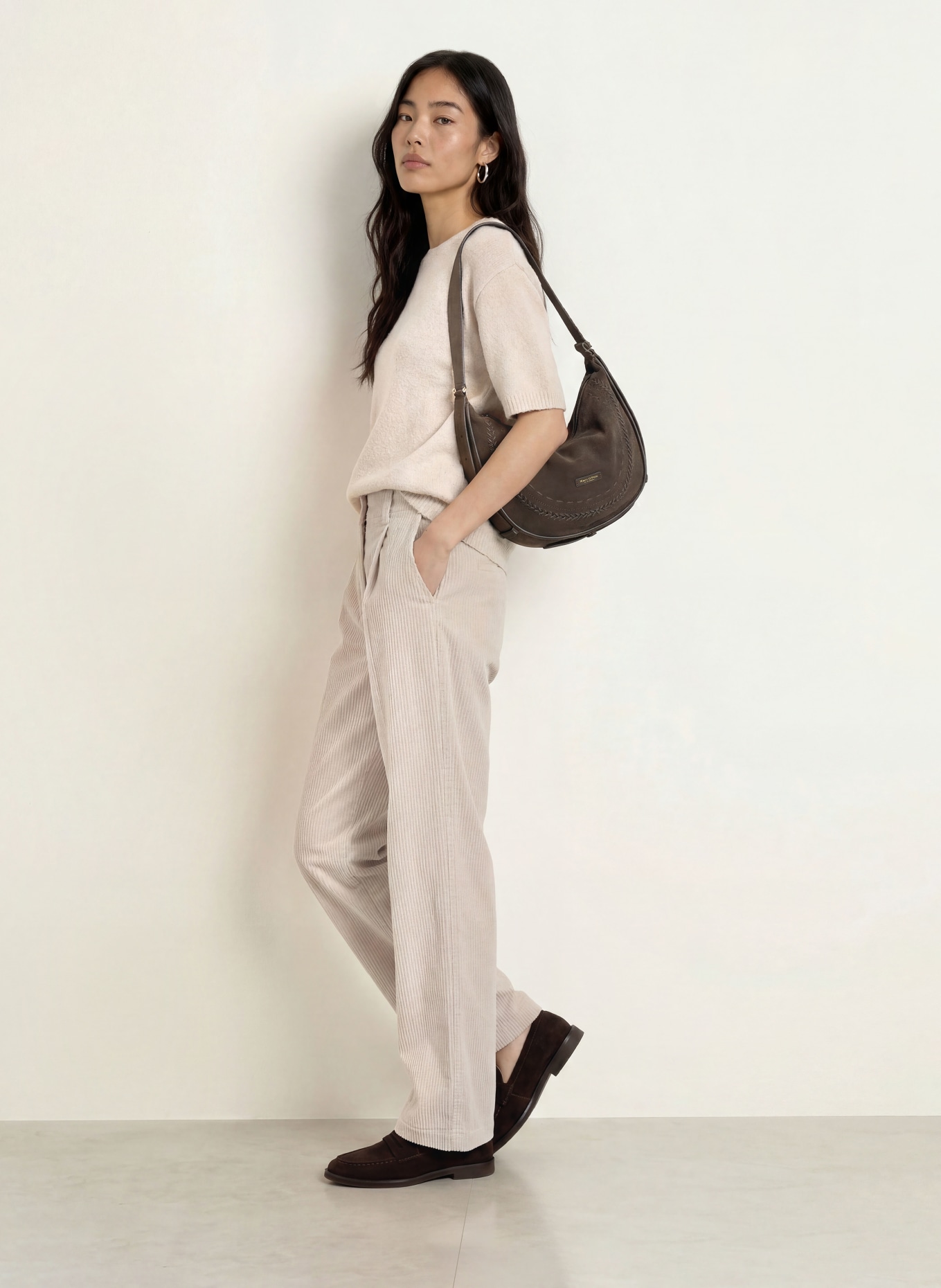 Marc O'Polo Pantalon palazzo en velours côtelé: CRÈME