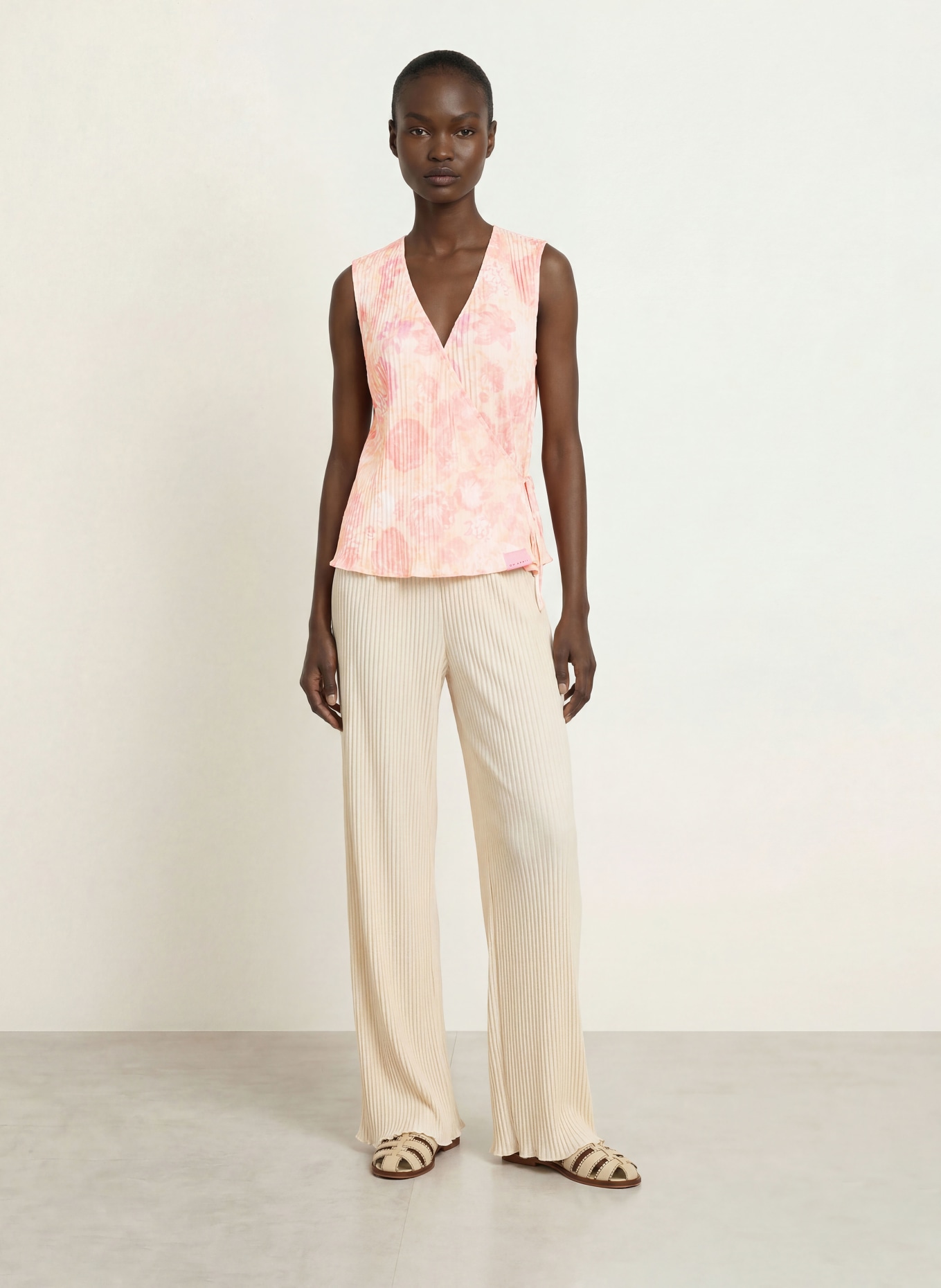 OH APRIL SOLIN wrap top with pleats: PINK / LIGHT ORANGE / LIGHT YELLOW