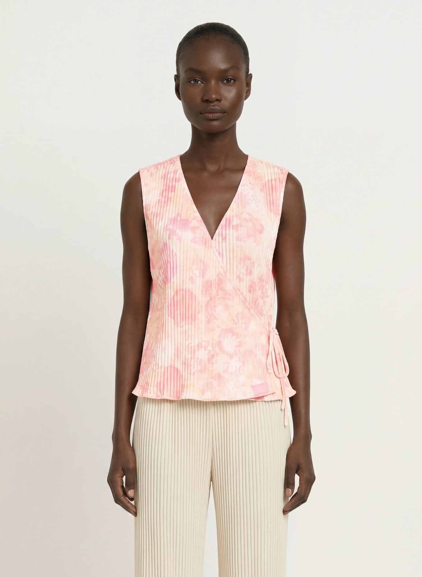 OH APRIL SOLIN wrap top with pleats: PINK / LIGHT ORANGE / LIGHT YELLOW