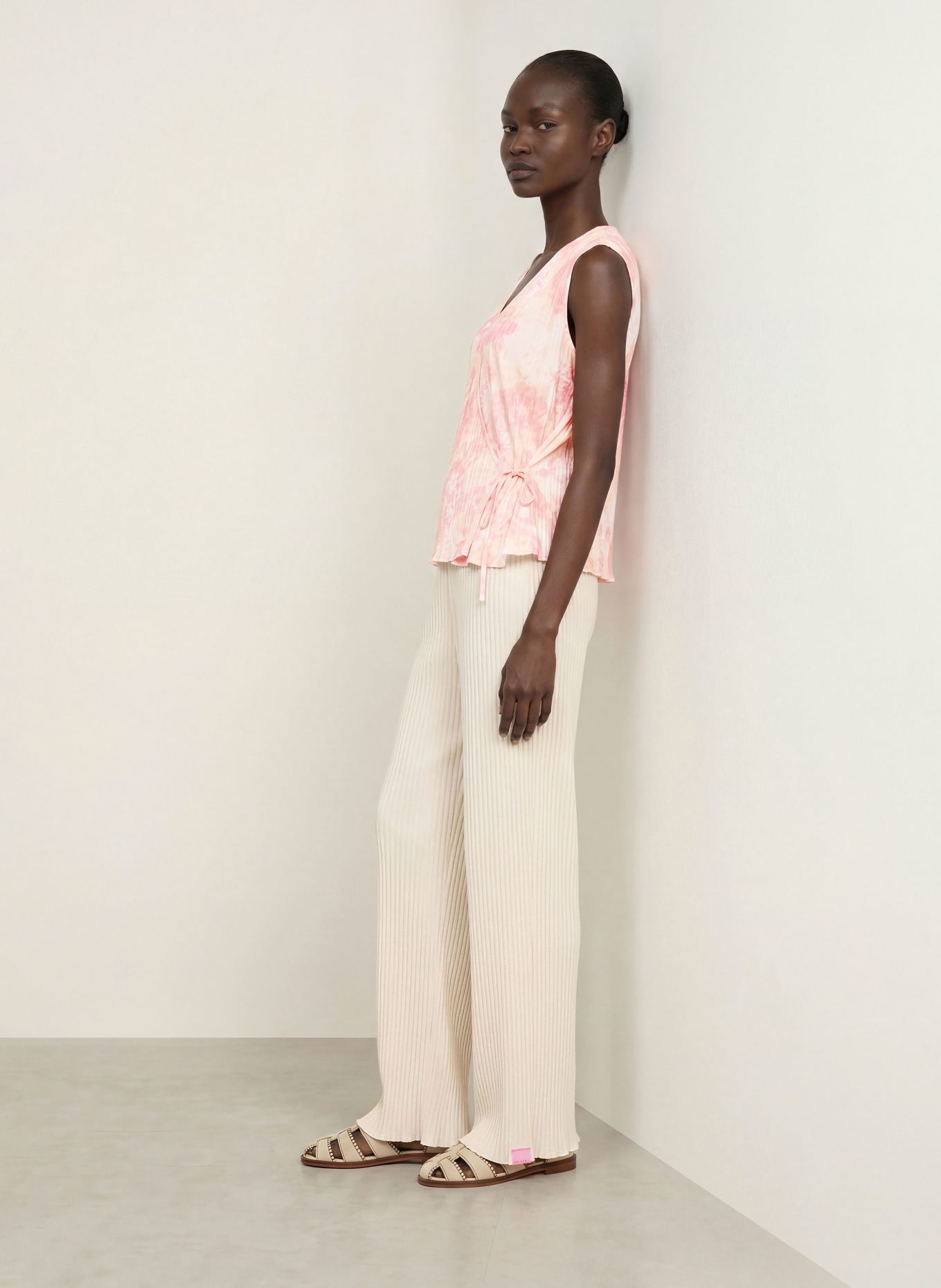 OH APRIL SOLIN wrap top with pleats: PINK / LIGHT ORANGE / LIGHT YELLOW