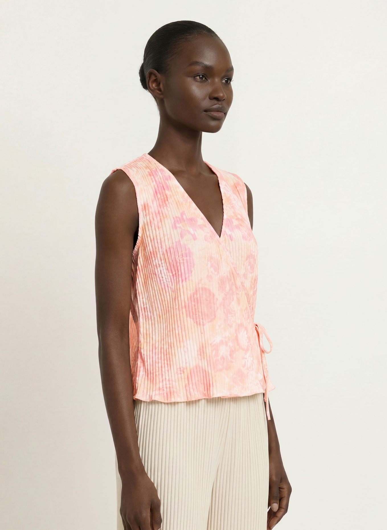 OH APRIL SOLIN wrap top with pleats: PINK / LIGHT ORANGE / LIGHT YELLOW