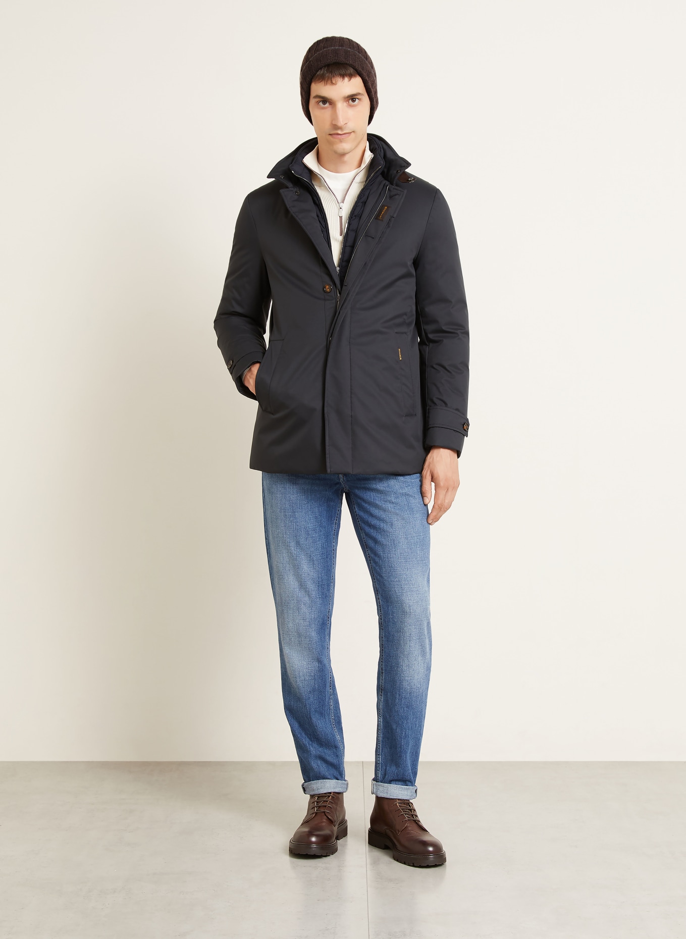 MOORER REIS Down coat with Removable Trim: DARK BLUE