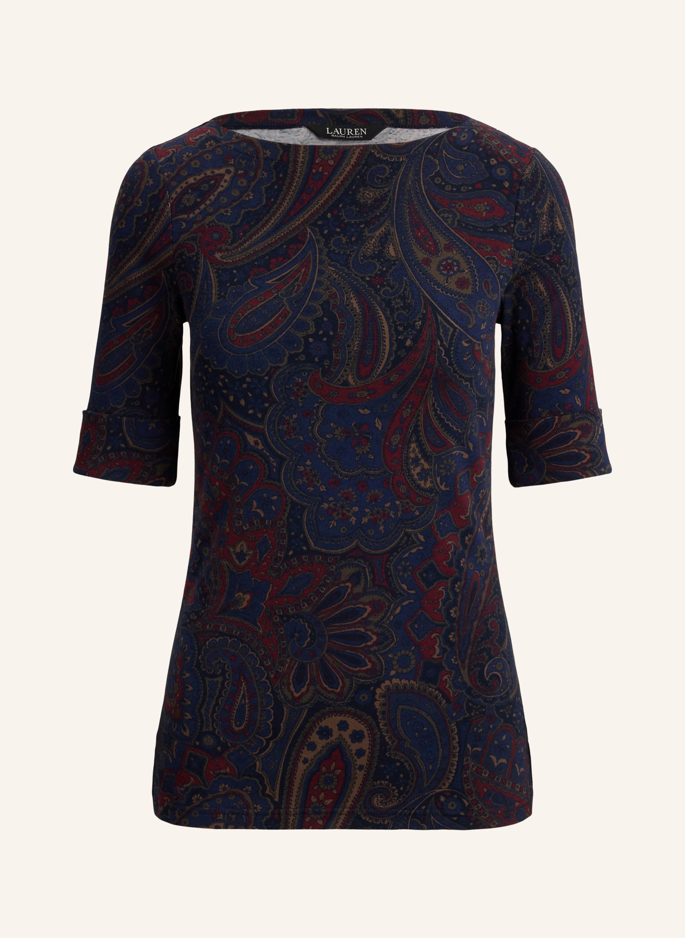 LAUREN RALPH LAUREN T-shirt med 3/4-ærmer: MØRKEBLÅ / BRUN / MØRKERØD