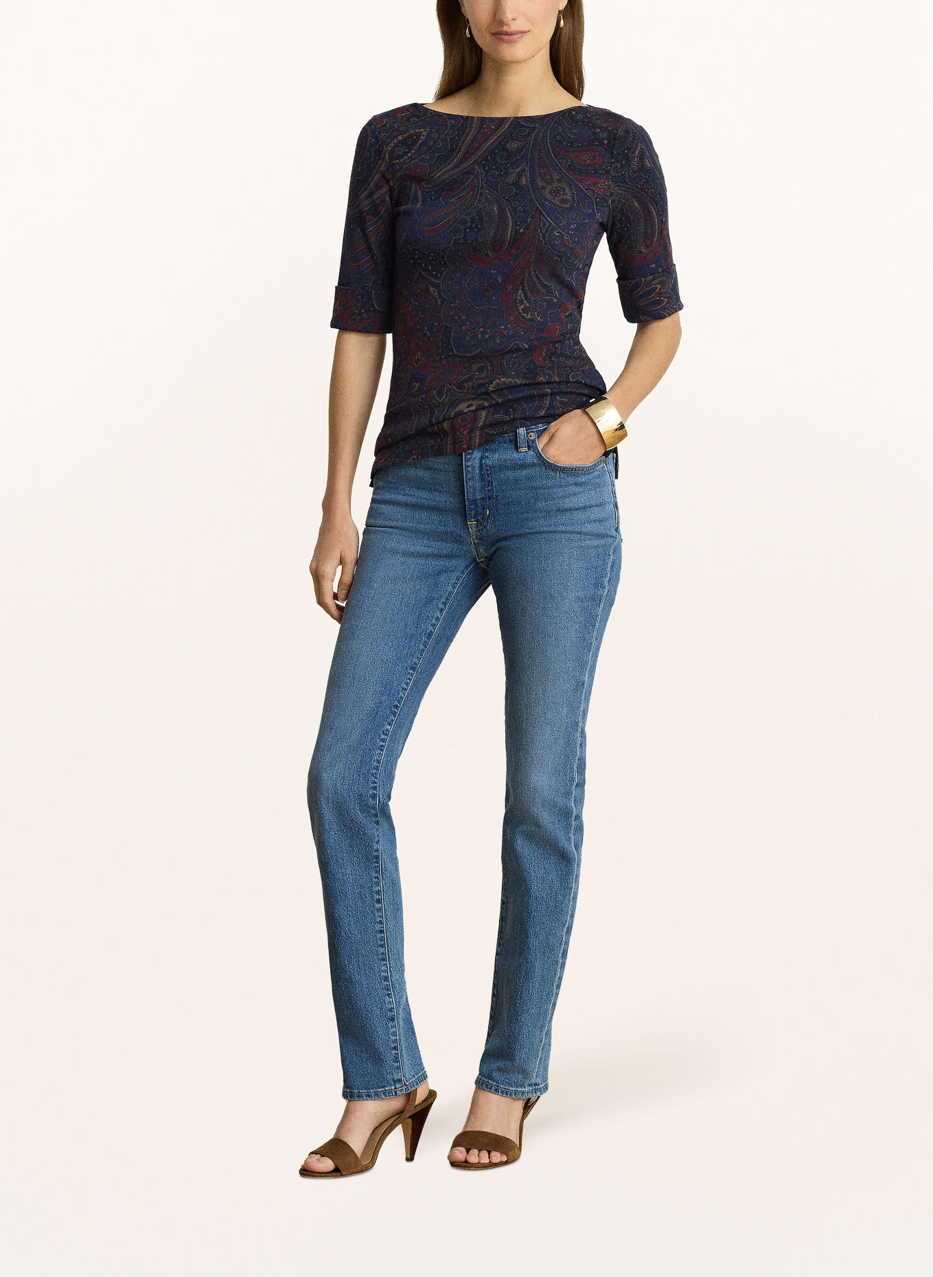 LAUREN RALPH LAUREN T-shirt med 3/4-ærmer: MØRKEBLÅ / BRUN / MØRKERØD