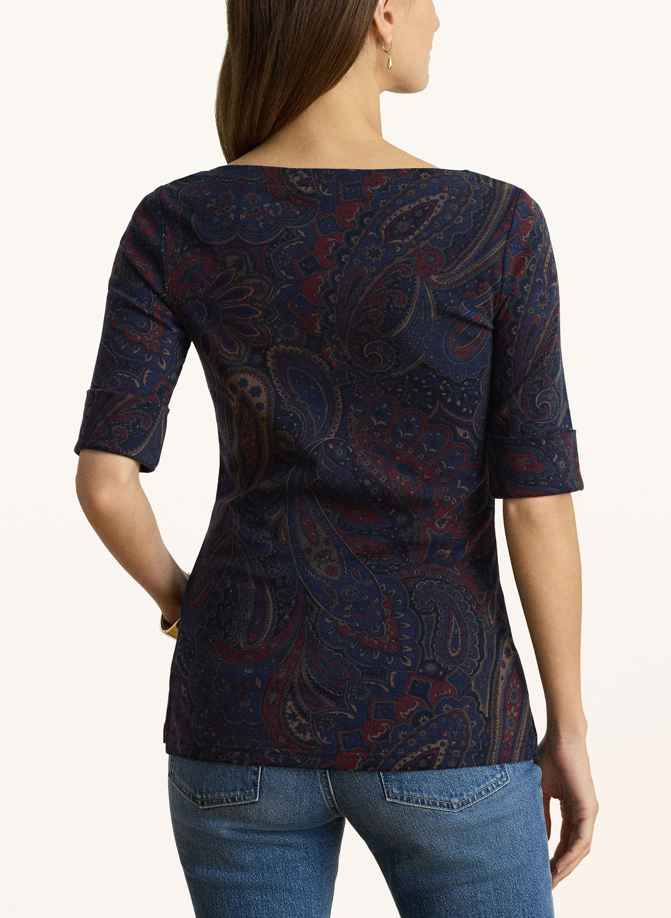 LAUREN RALPH LAUREN T-shirt med 3/4-ærmer: MØRKEBLÅ / BRUN / MØRKERØD