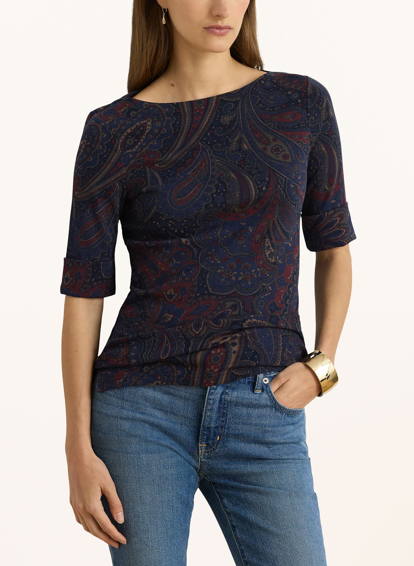 LAUREN RALPH LAUREN T-shirt med 3/4-ærmer: MØRKEBLÅ / BRUN / MØRKERØD