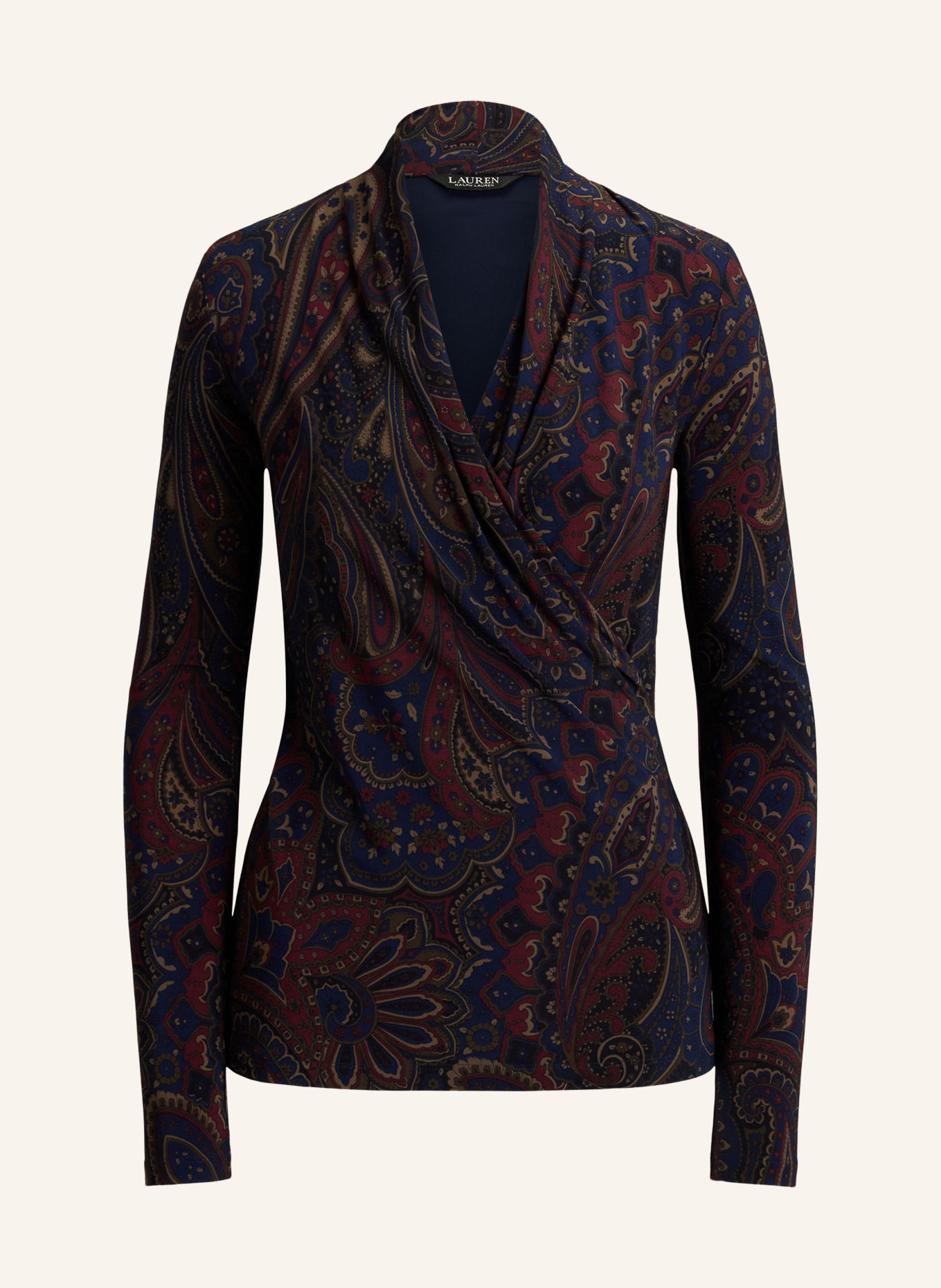 LAUREN RALPH LAUREN Jersey blouseshirt met wikkellook: DONKERBLAUW / LICHTBRUIN / DONKERROOD