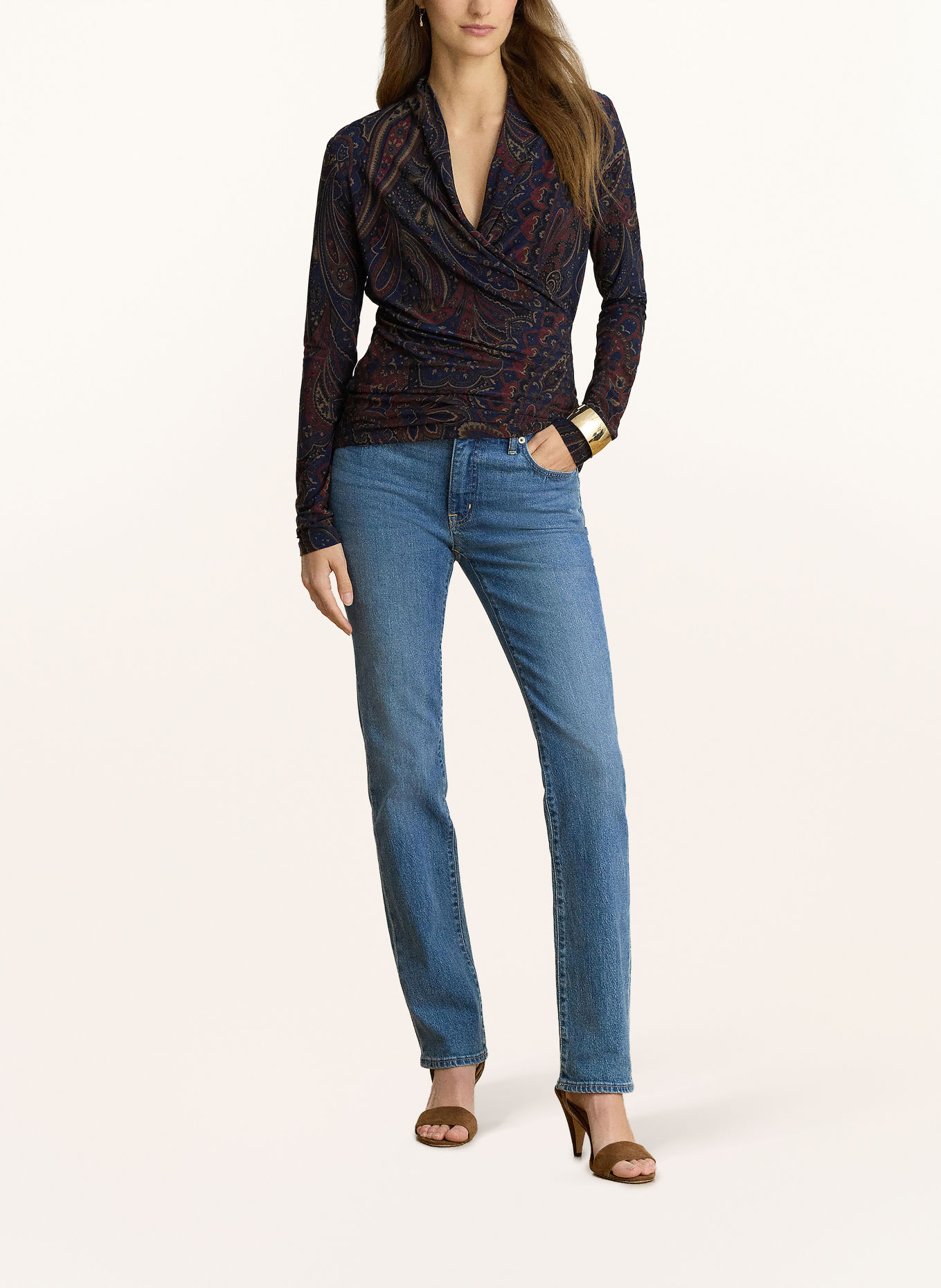 LAUREN RALPH LAUREN Jersey blouseshirt met wikkellook: DONKERBLAUW / LICHTBRUIN / DONKERROOD