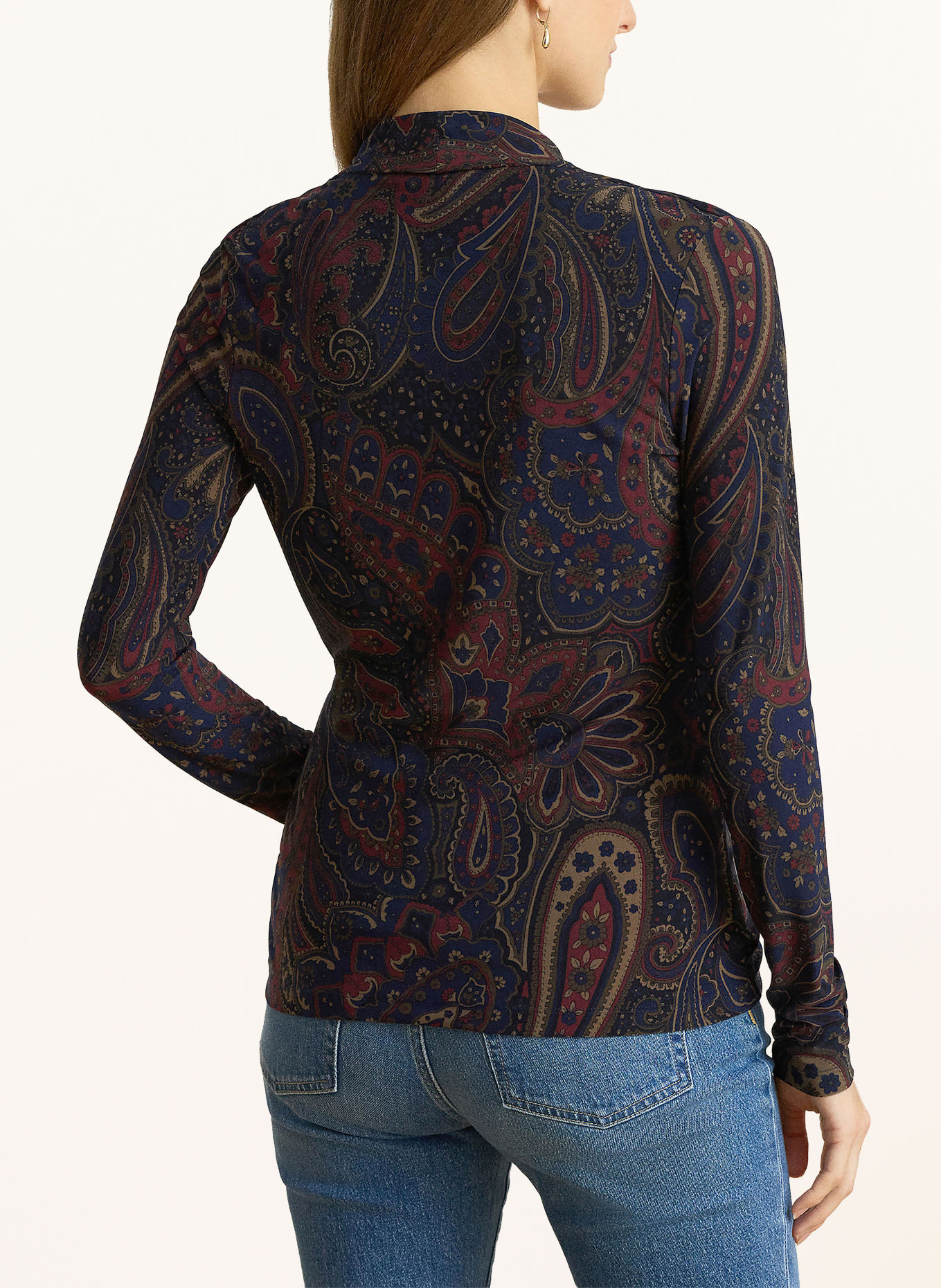 LAUREN RALPH LAUREN Jersey blouseshirt met wikkellook: DONKERBLAUW / LICHTBRUIN / DONKERROOD