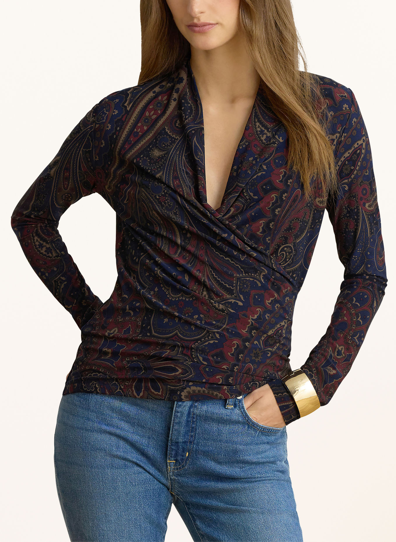 LAUREN RALPH LAUREN Jersey blouseshirt met wikkellook: DONKERBLAUW / LICHTBRUIN / DONKERROOD