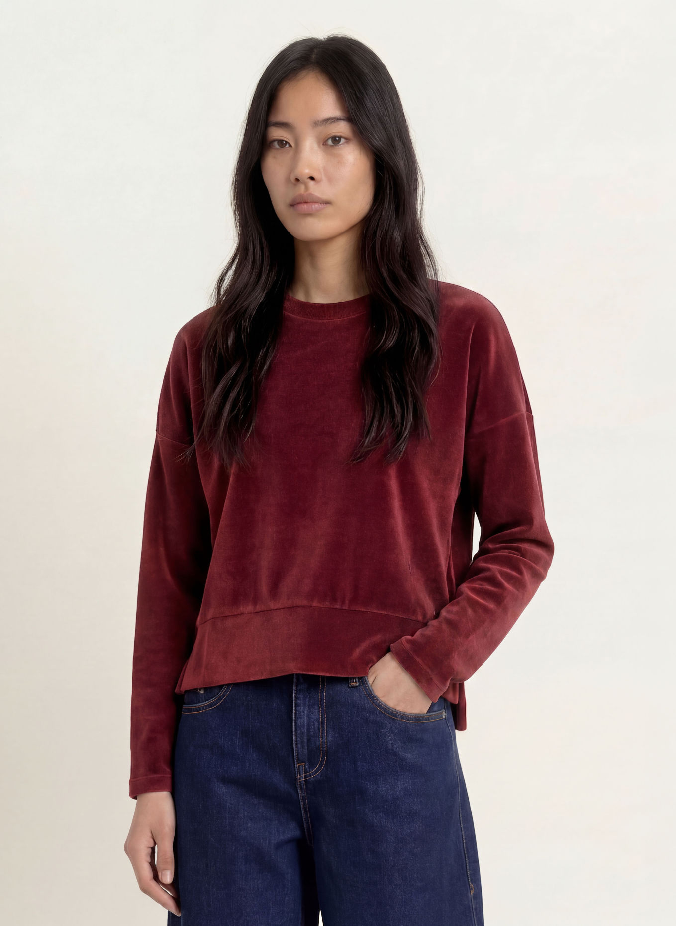 Herrlicher SENA-Sweatshirt van fluweel: DONKERROOD