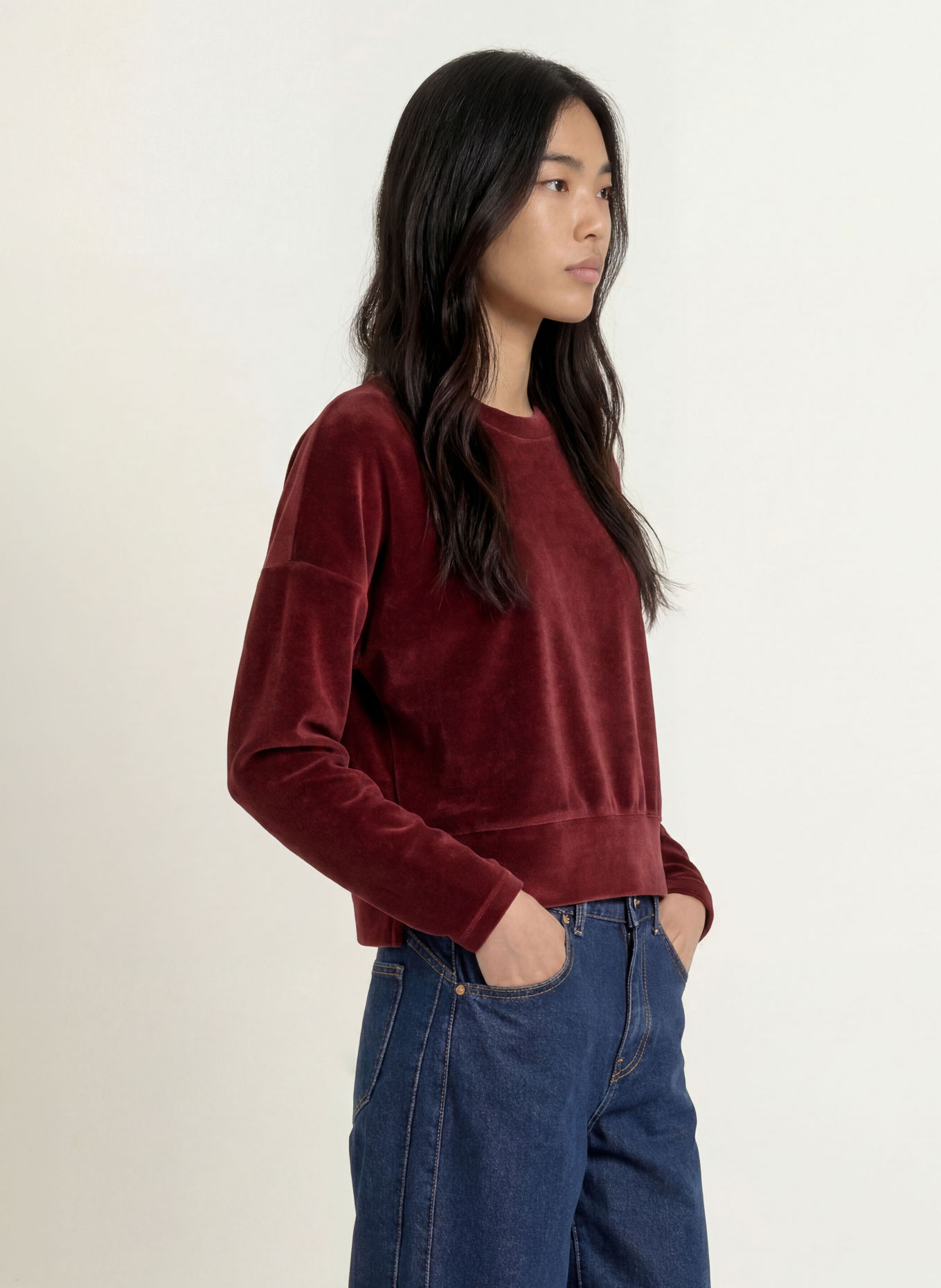 Herrlicher SENA-Sweatshirt van fluweel: DONKERROOD