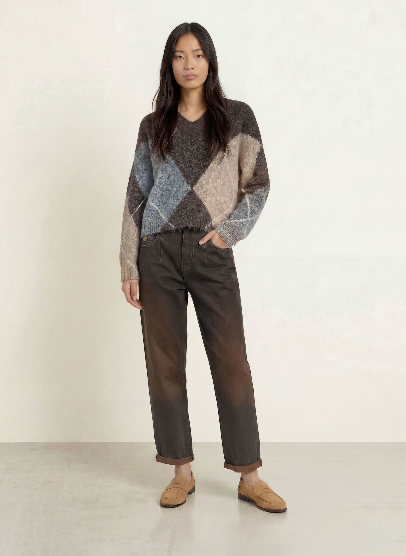 Herrlicher Trui FLORALIN: BRUIN / BEIGE / GRIJS