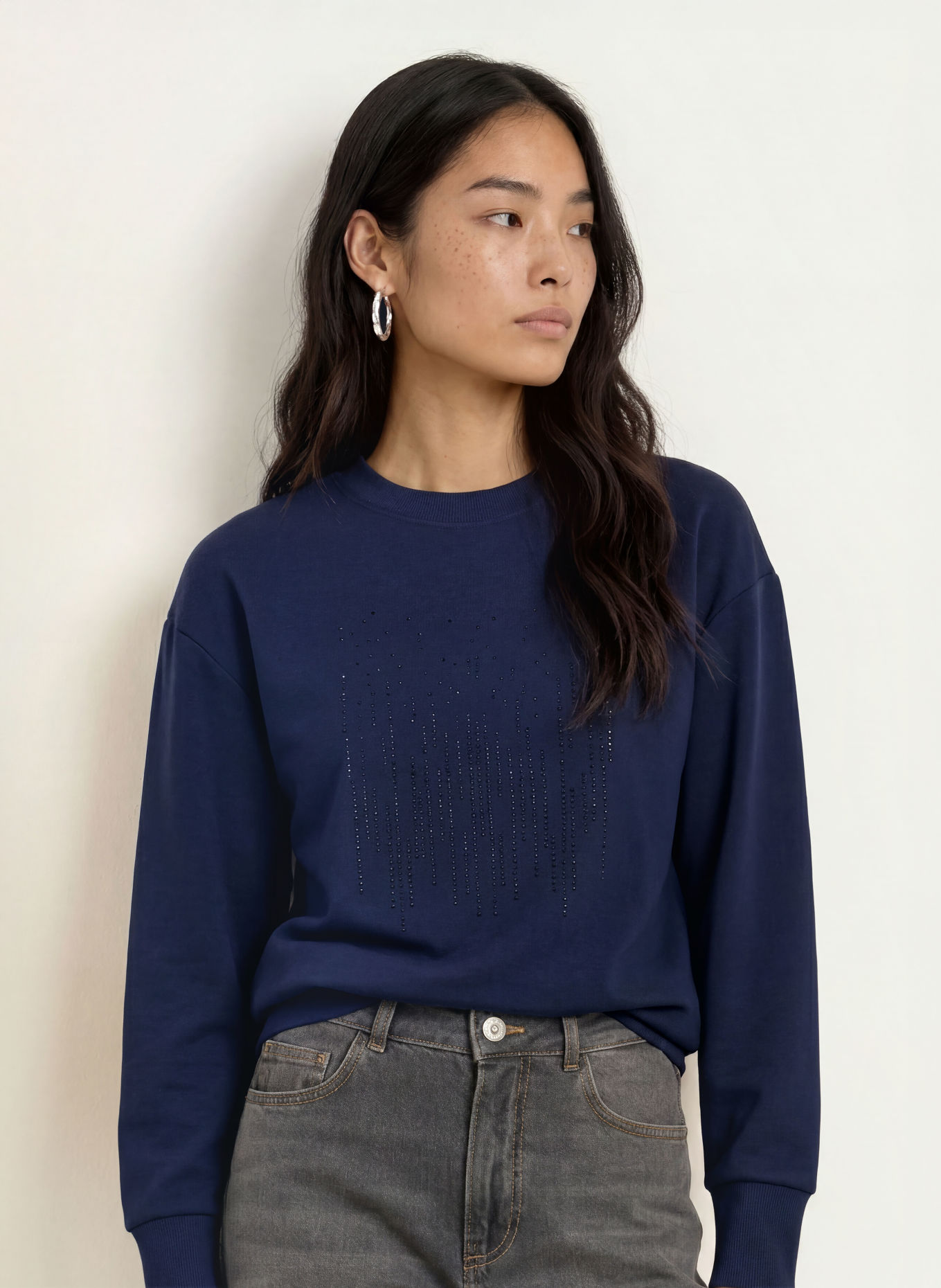 MOS MOSH MMNEVE RHINO-shirt met sierstenen: DONKERBLAUW