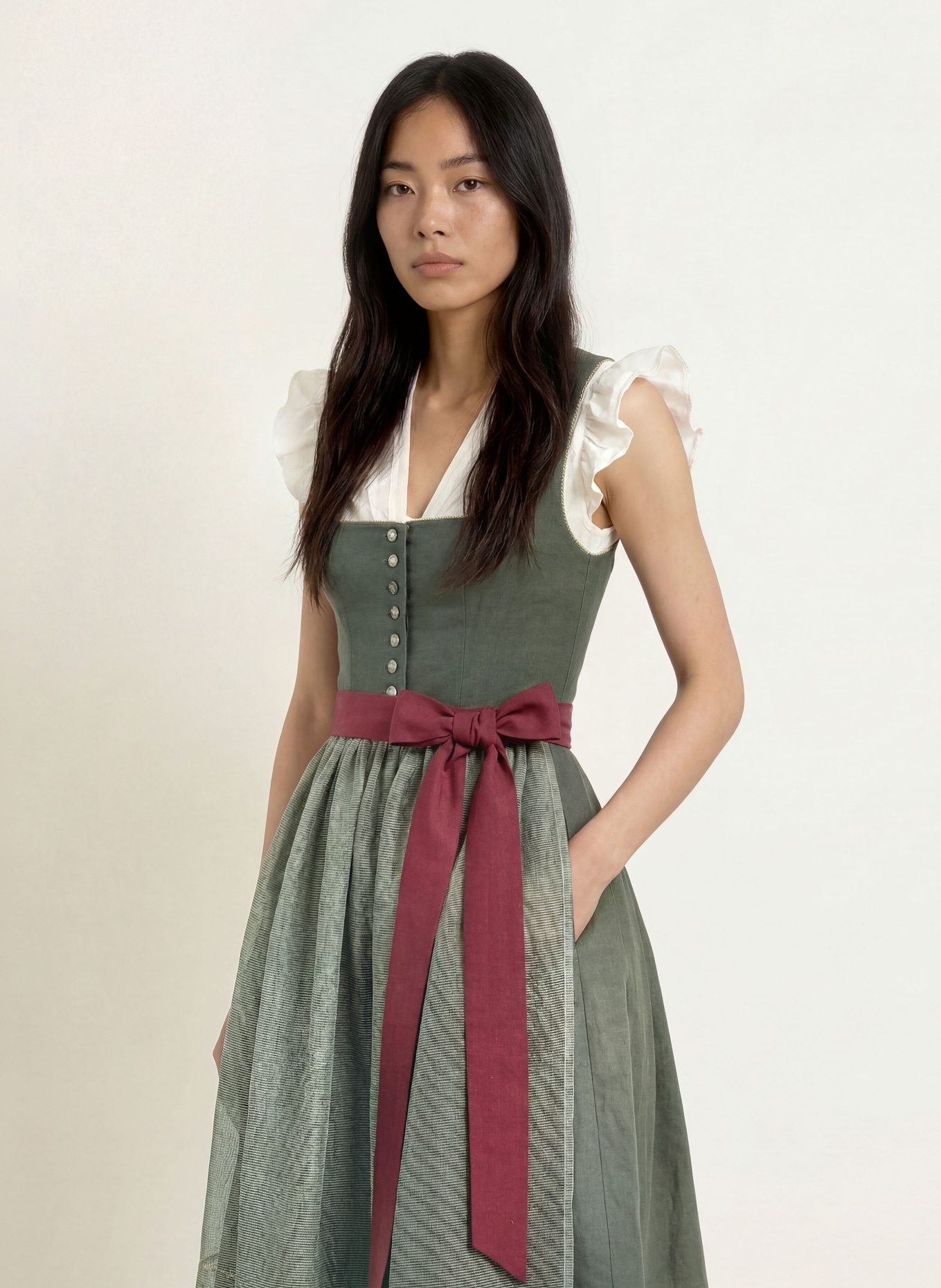 Grasegger Linnen dirndl BRIANNA: GROEN / DONKERROOD / LICHTGROEN