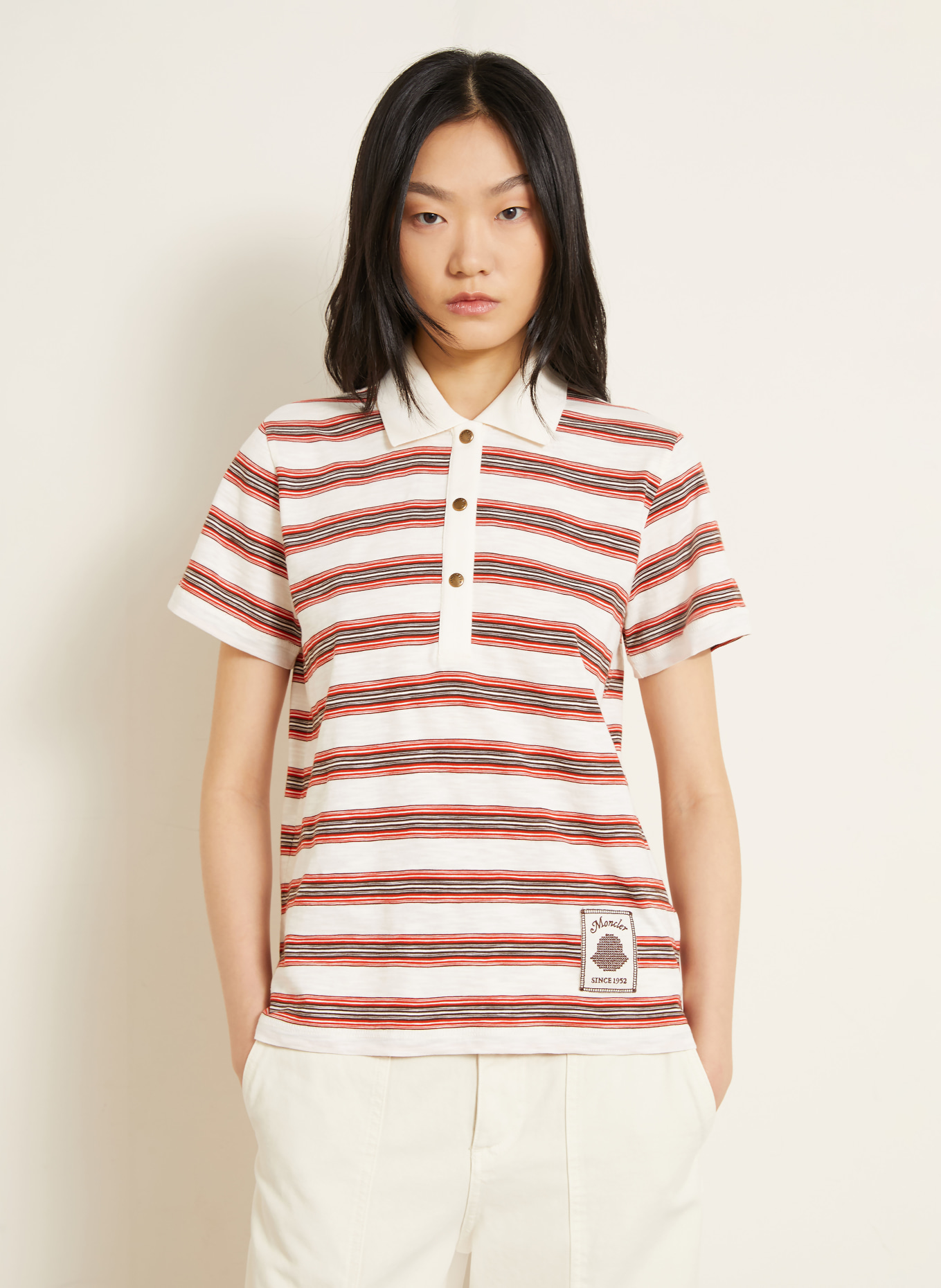 MONCLER Jersey-Poloshirt: CREME / BRAUN / ROT