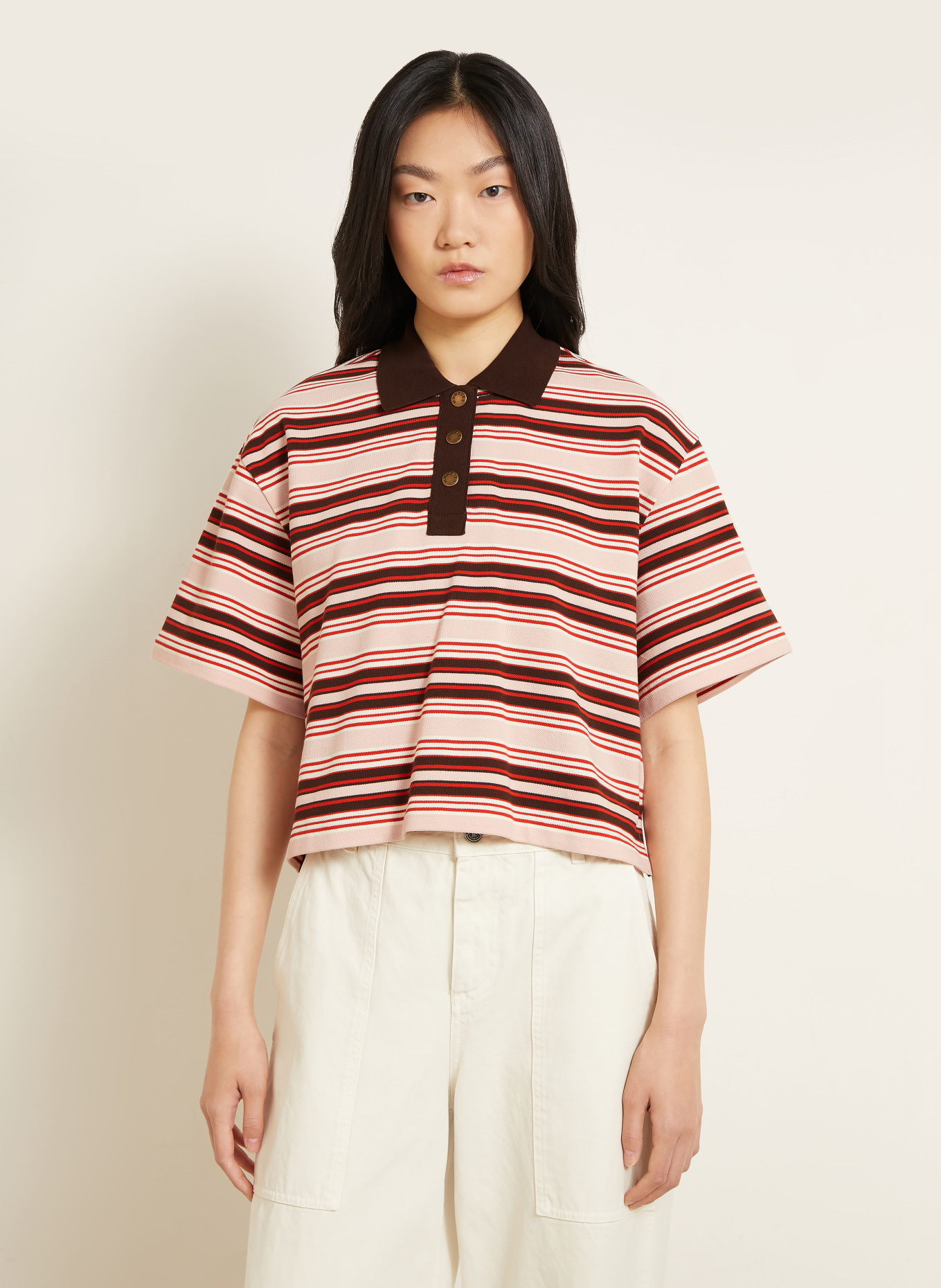 MONCLER Piqué-Poloshirt: CREME / DUNKELBRAUN / ROT