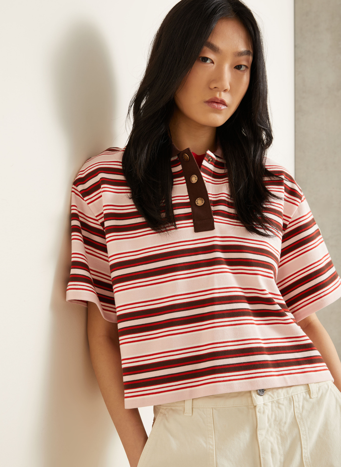 MONCLER Piqué-Poloshirt: CREME / DUNKELBRAUN / ROT