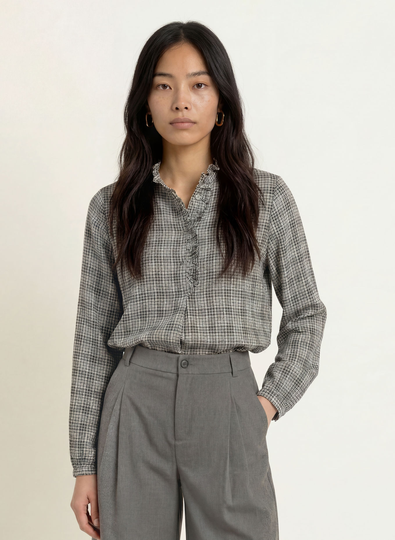 MOS MOSH MMBILES-blouseshirt met ruches: ZWART / WIT