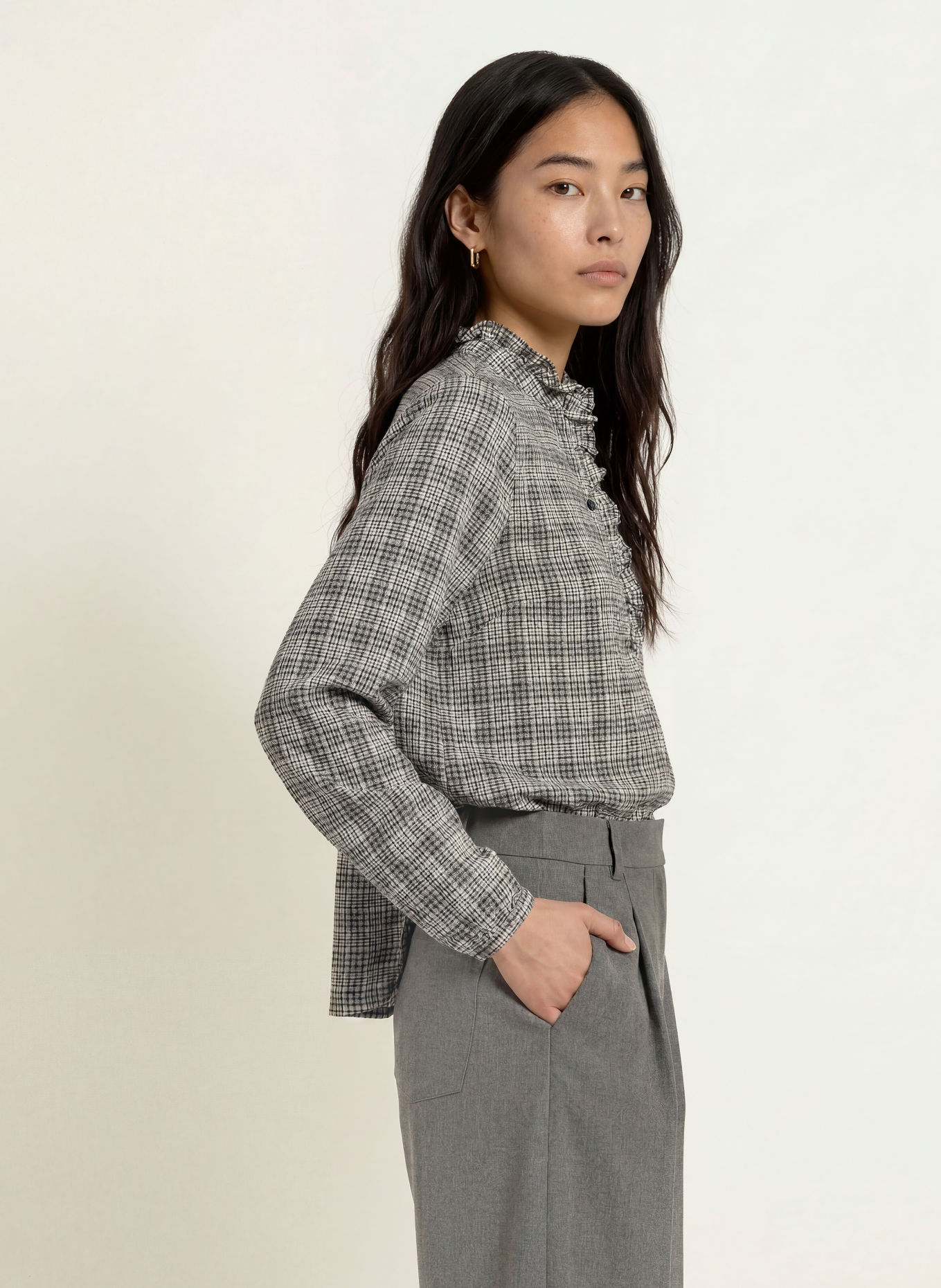 MOS MOSH MMBILES-blouseshirt met ruches: ZWART / WIT