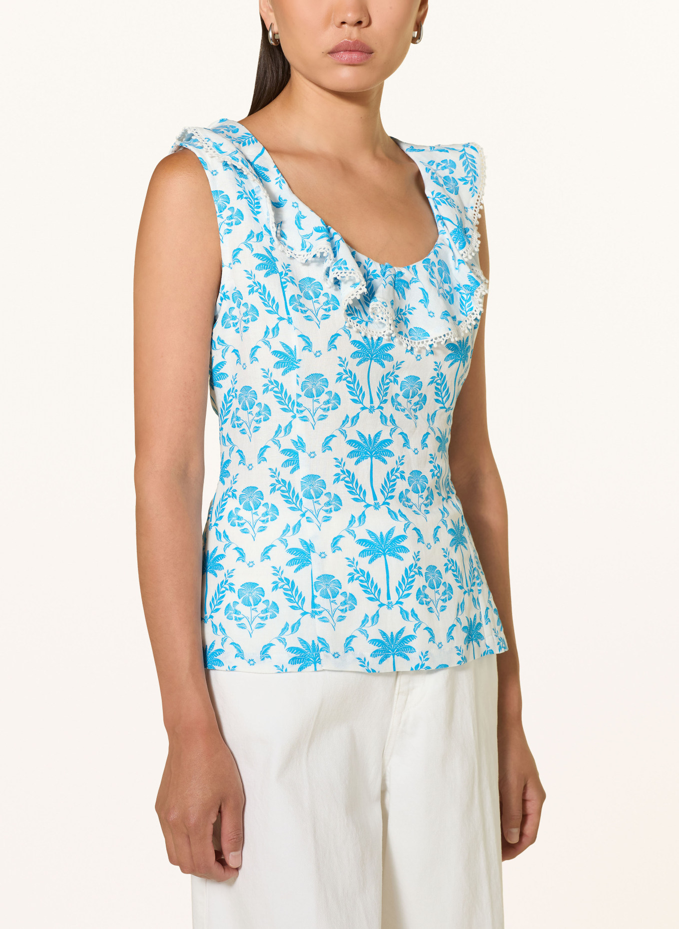 Phase Eight Blusentop RHONA mit Leinen und Volants: WEISS / BLAU