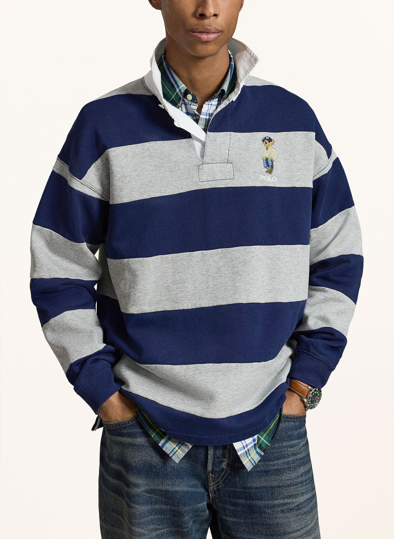 POLO RALPH LAUREN Polo de rugby en molleton: BLEU FONCÉ / GRIS CLAIR / BLANC