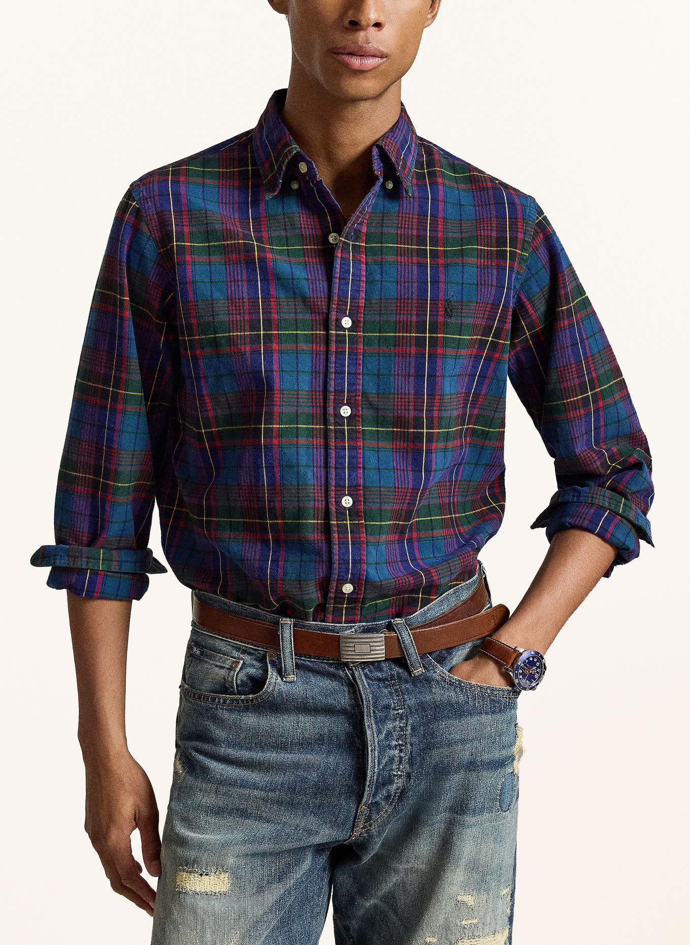 POLO RALPH LAUREN Chemise en flanelle Custom Fit: GROEN / ROUGE / BLEU FONCÉ