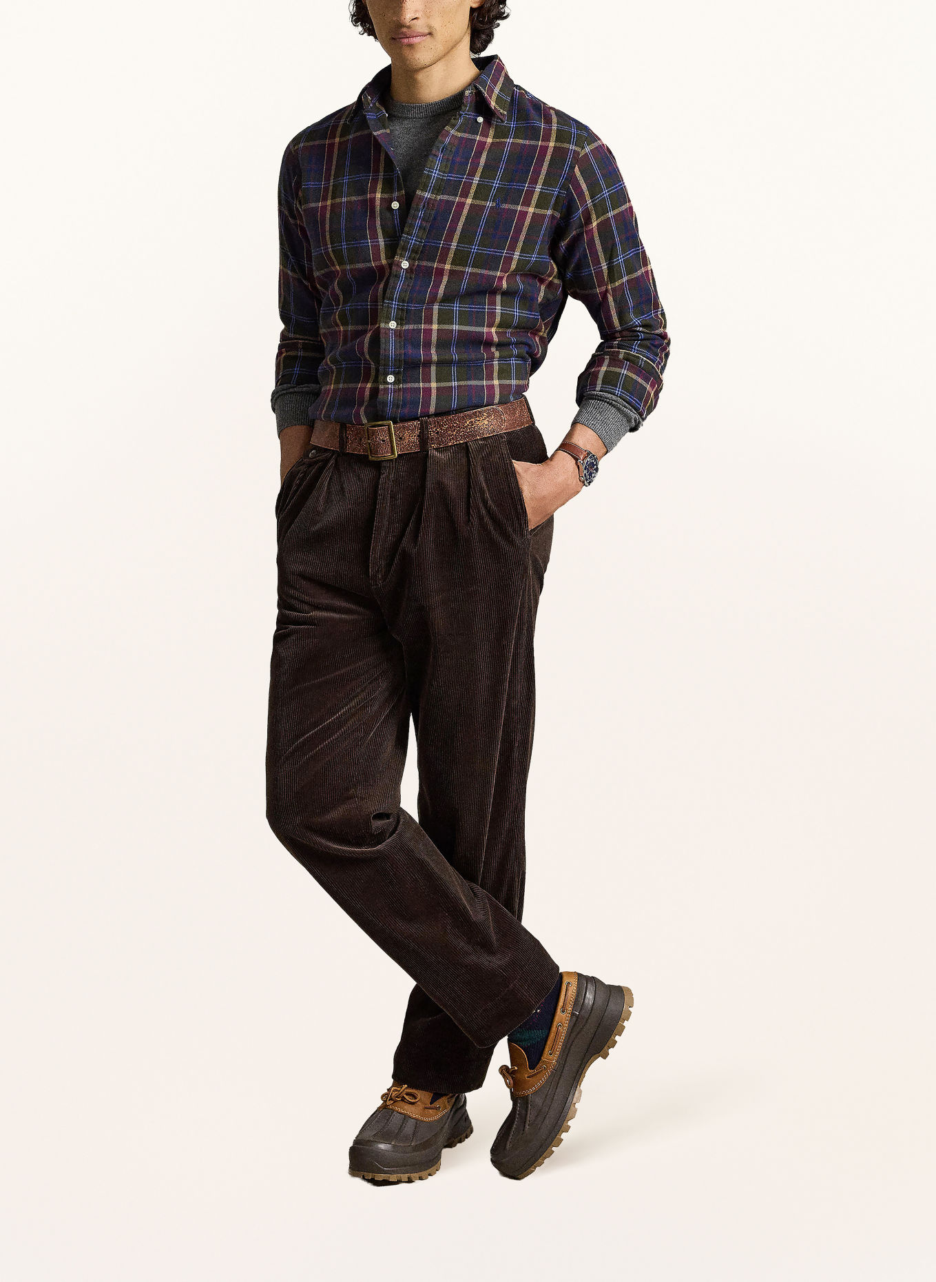 POLO RALPH LAUREN Flanellen overhemd Custom Fit: OLIJF / BEIGE / DONKERROOD