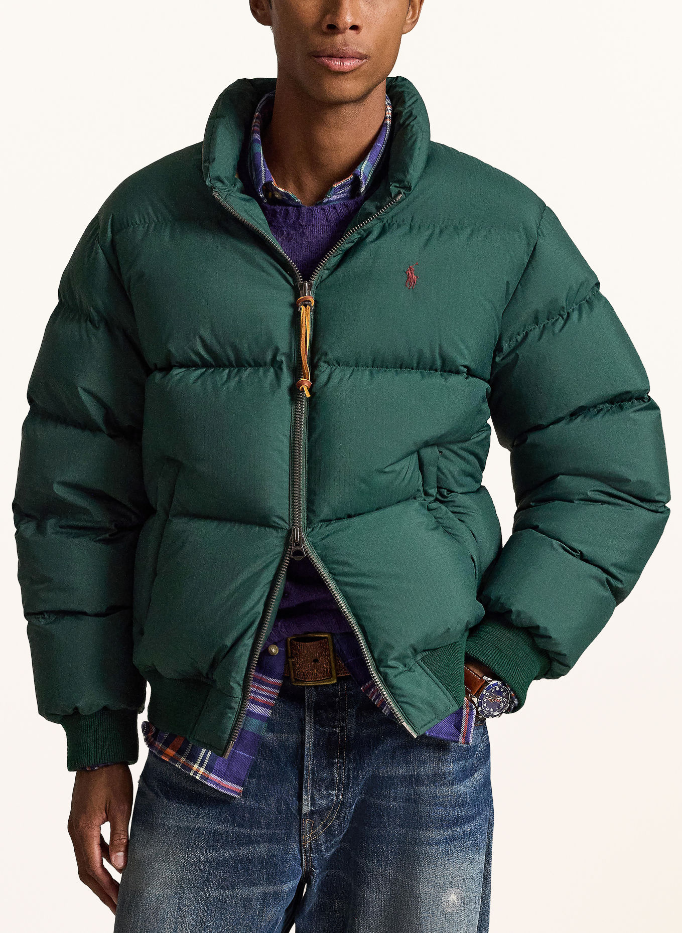 POLO RALPH LAUREN Daunenjacke: PETROL / DUNKELROT / DUNKELGRÜN