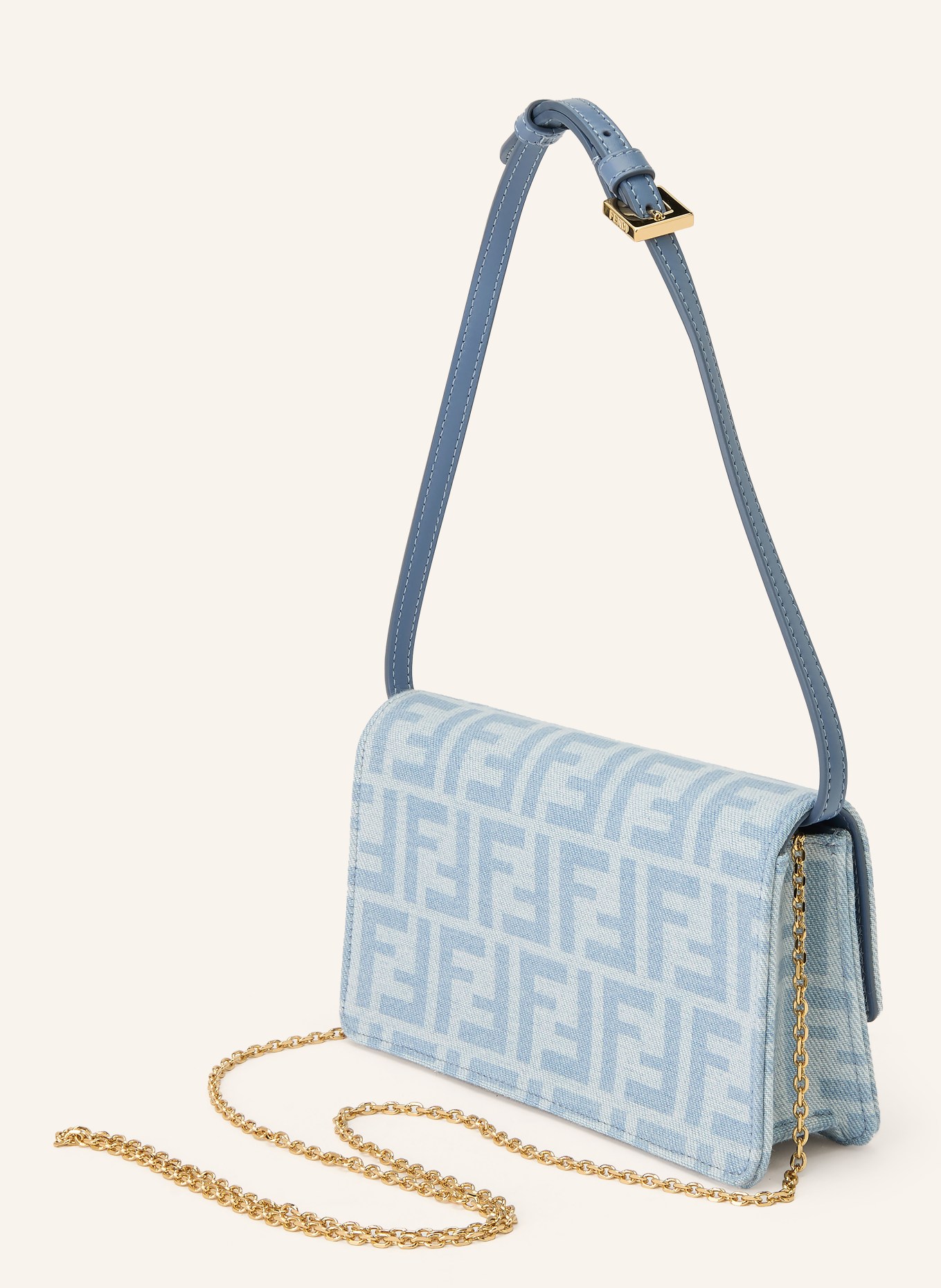 FENDI Peněženka na řetízku BAGUETTE: TMAVĚ MODRÁ / ZLATÁ / ČERNOŠEDÁ