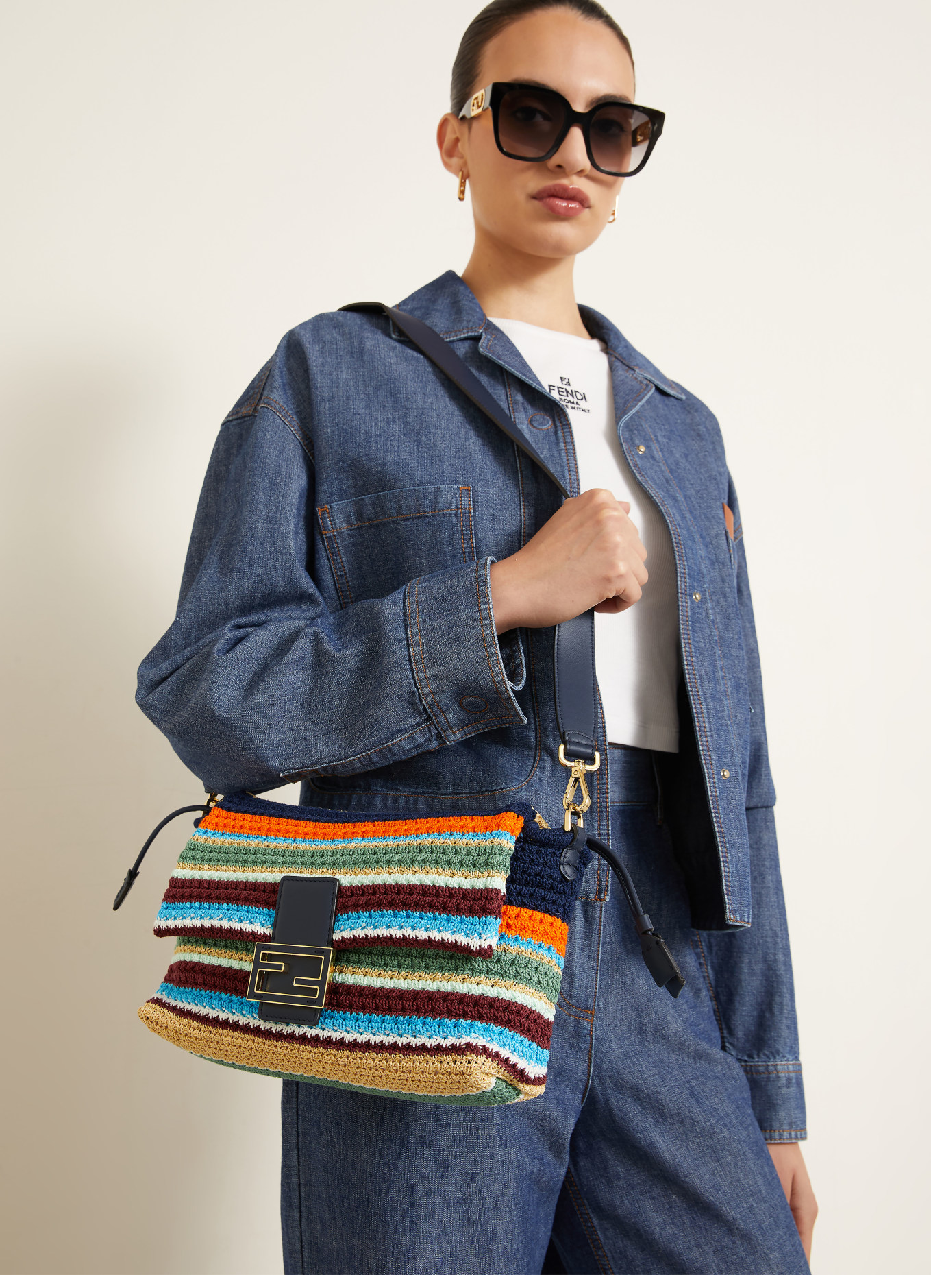 FENDI Torebka MAMMA BAGUETTE MEDIUM: GRANATOWY / POMARAŃCZOWY / JASNOZIELONY