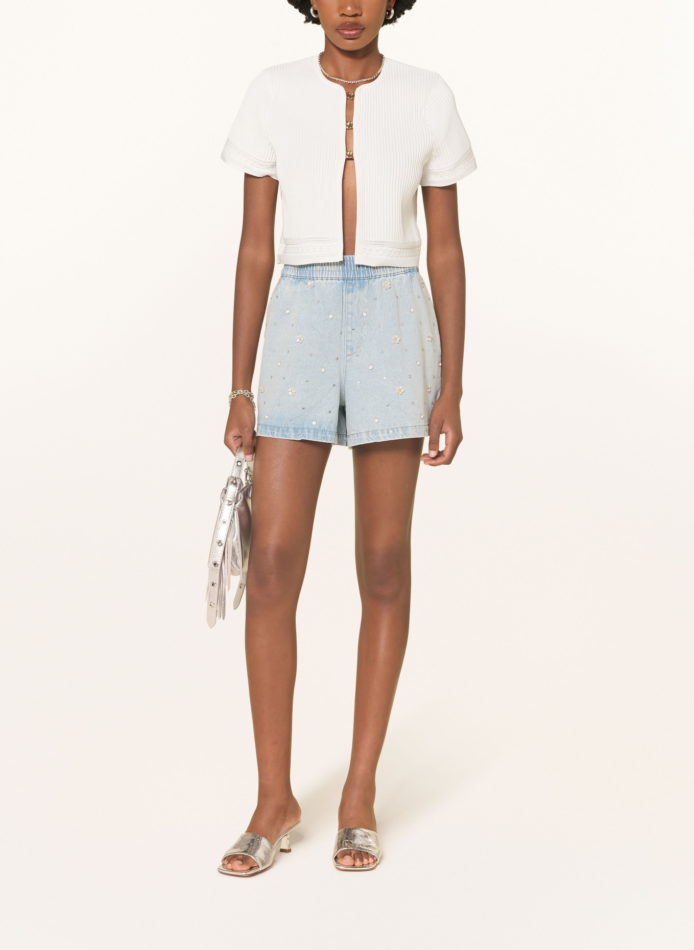 maje Jeansshorts mit Schmucksteinen und Schmuckperlen: 0201 BLUE