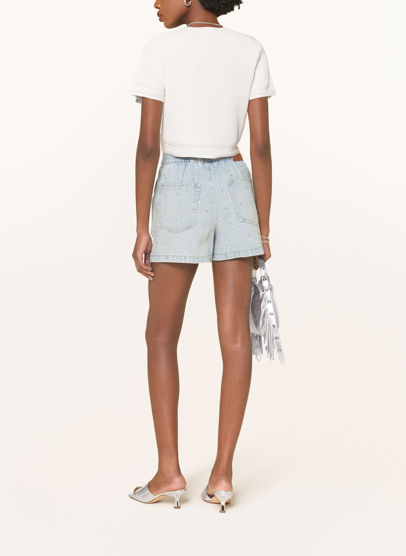 maje Jeansshorts mit Schmucksteinen und Schmuckperlen: 0201 BLUE
