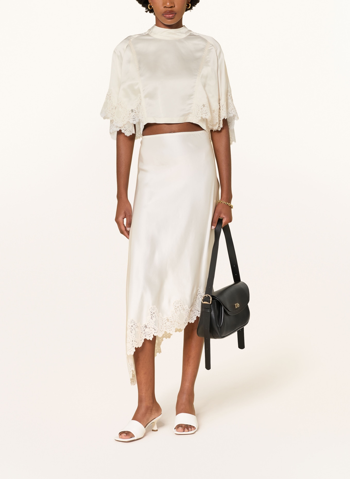 SANDRO Cropped-Blusenshirt aus Satin mit Spitze: ECRU