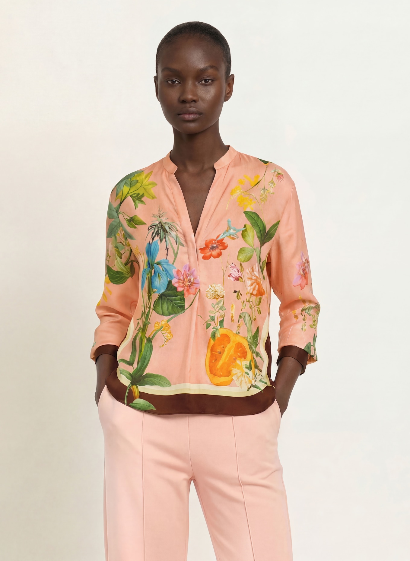 REISS Blusenshirt MILOS: ROSA / DUNKELBRAUN / HELLGRÜN
